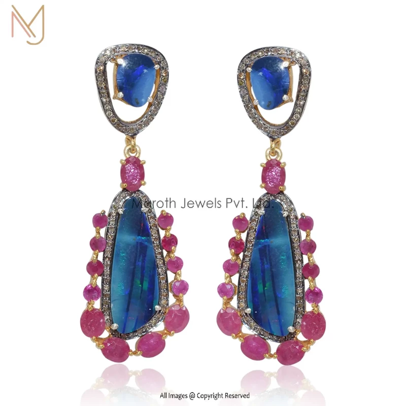 925 Silver Black Rhodium Yellow Gold Plated Pave Diamond Ruby Blue Sapphire Gemstone Earrings Custom Jewelry