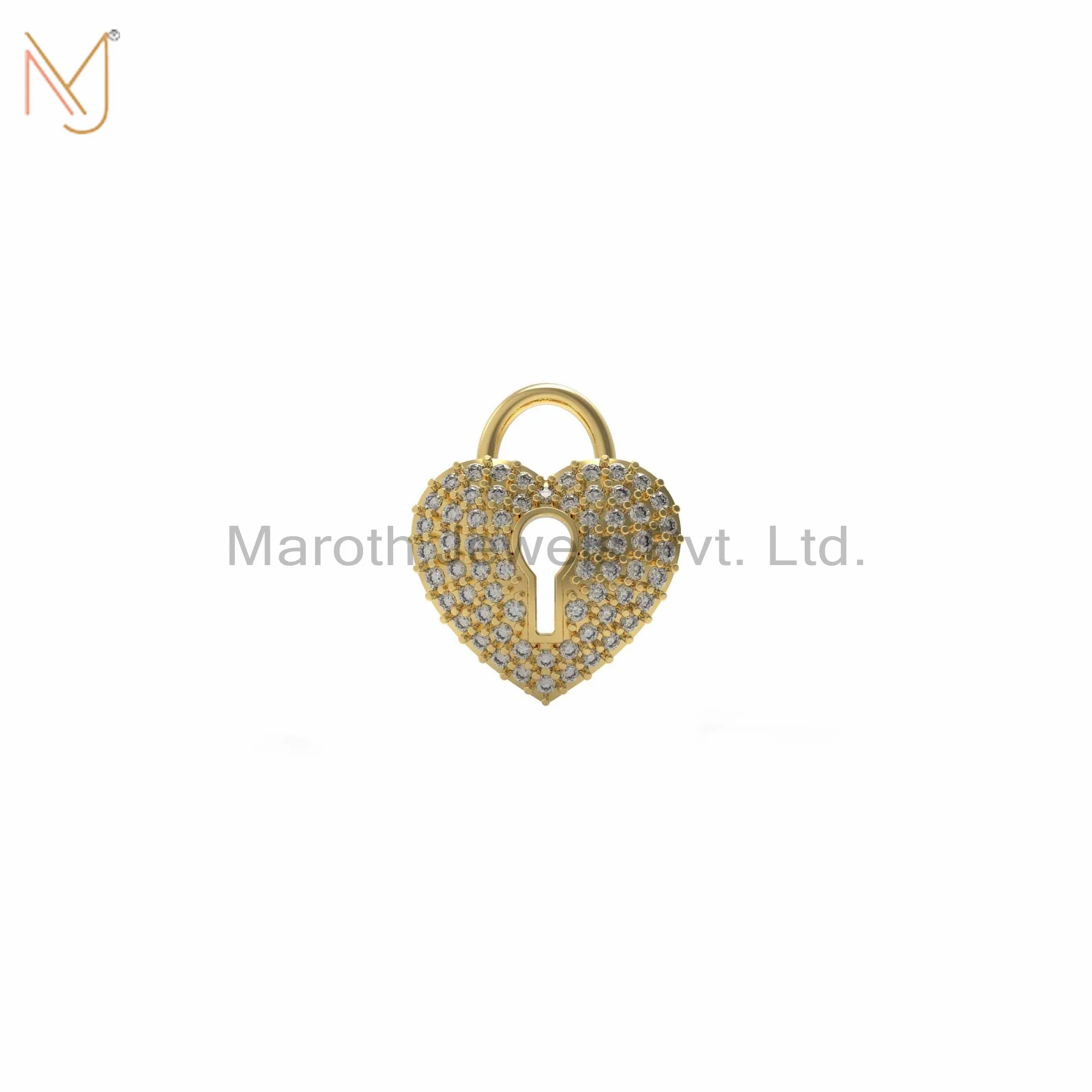 925 Silver Yellow Gold Plated Diamond Heart Lock Charm Pendant Jewelry Manufacturer