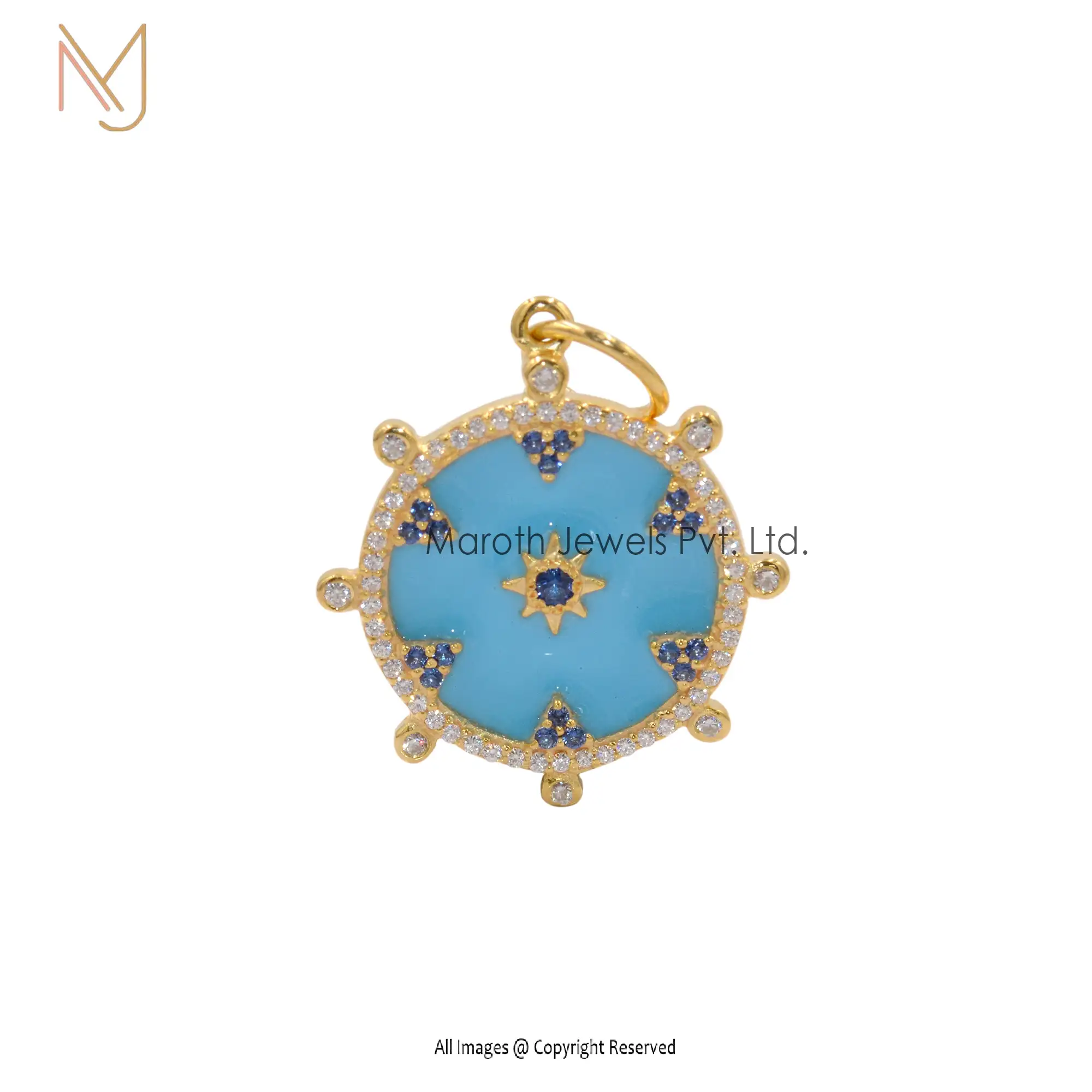 925 Silver Yellow Gold Moissanite Blue Sapphire Gemstone & Enamel Disc Pendant USA