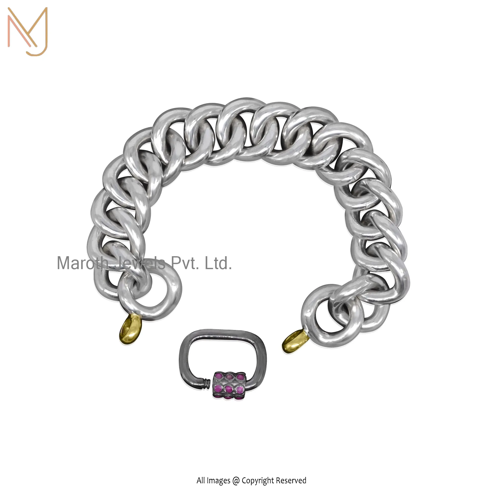 925 Silver White Gold And Yellow Gold Rhodium Ruby Gemstone Carabiner Lock Chain Bracelet USA