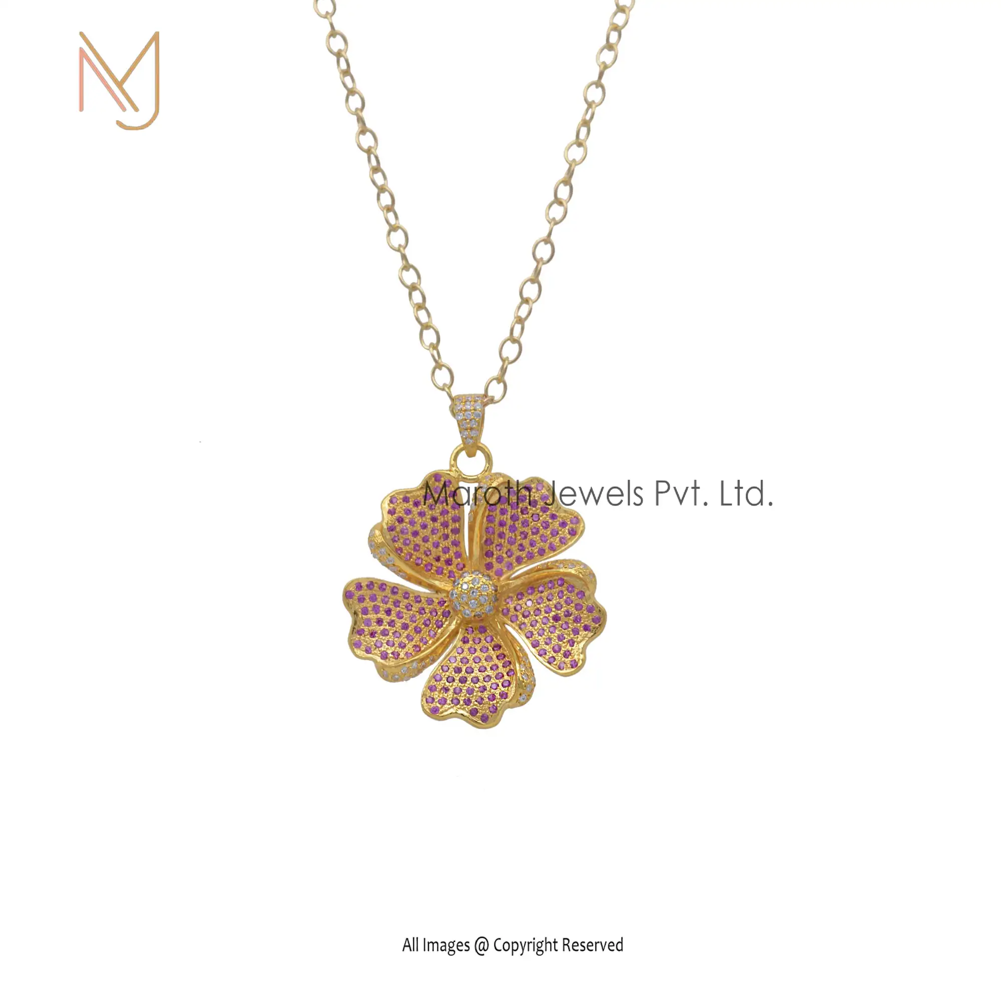 925 Silver Yellow Gold Plated CZ Pink Flower Design Pendant Jewelry Suppiler