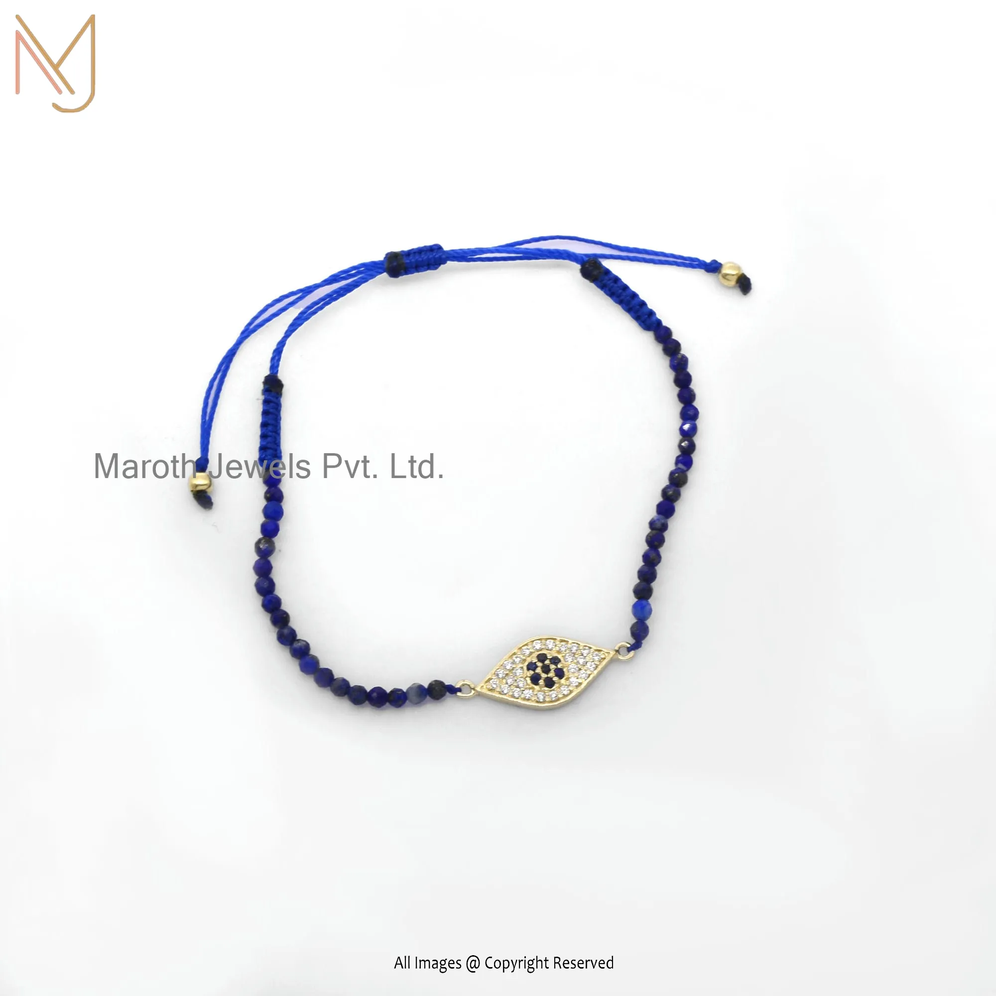 Wholesale 925 Silver Yellow Gold Plated Evil Eye Cubic Zircon Lapiz Beads Bracelet