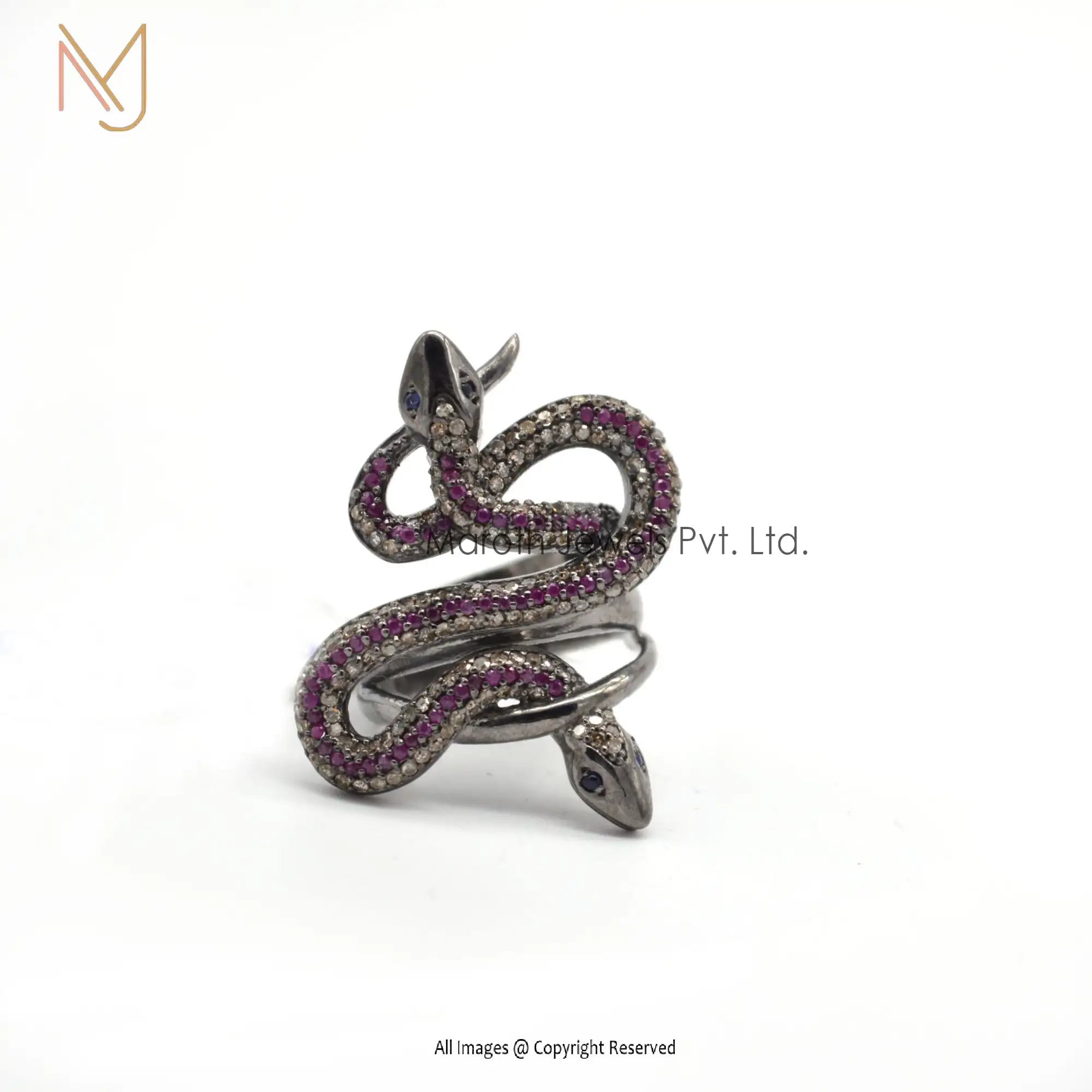 925 Silver Rhodium Plated Pave Diamond Ruby Gemstone & Blue Sapphire Snake Ring Jewelry Manufacturer