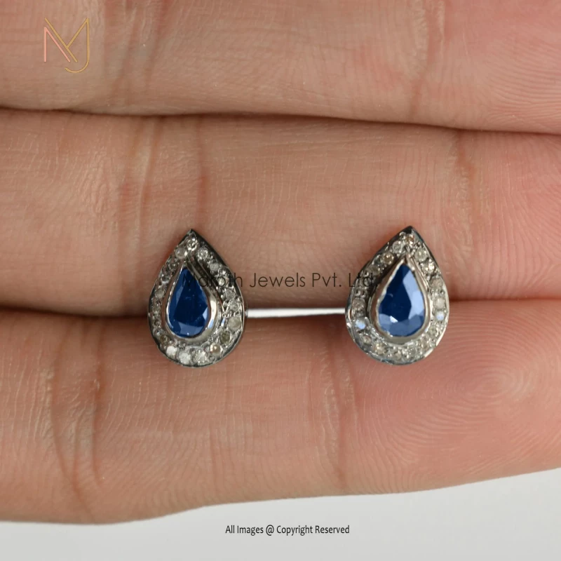 925 Sterling Silver Rhodium Yellow Gold Pave Diamond And Blue Sapphire Stud Earring Manufacturer