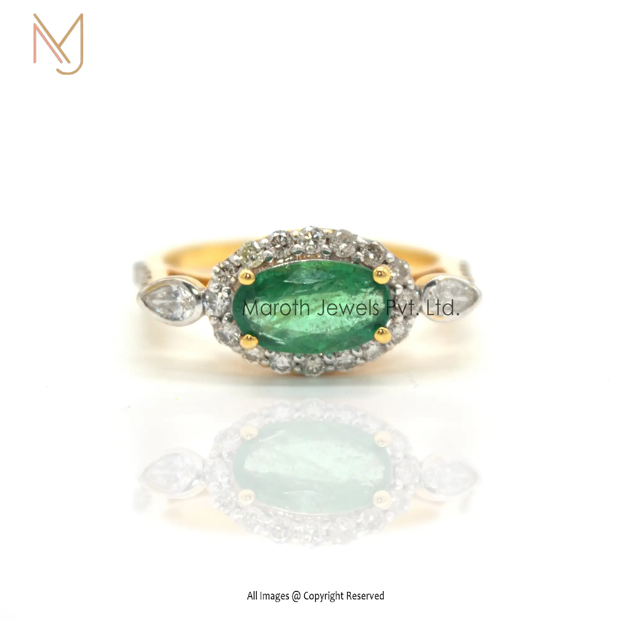 14K Yellow Gold Pave Diamond Emerald Gemstone Oval Ring Jewelry Manufacturer