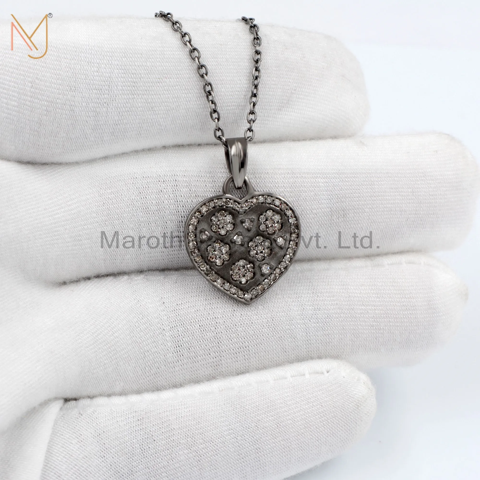 925 Silver Gray Rhodium Plated Pave Diamond Heart Pendant Jewelry Manufacturer