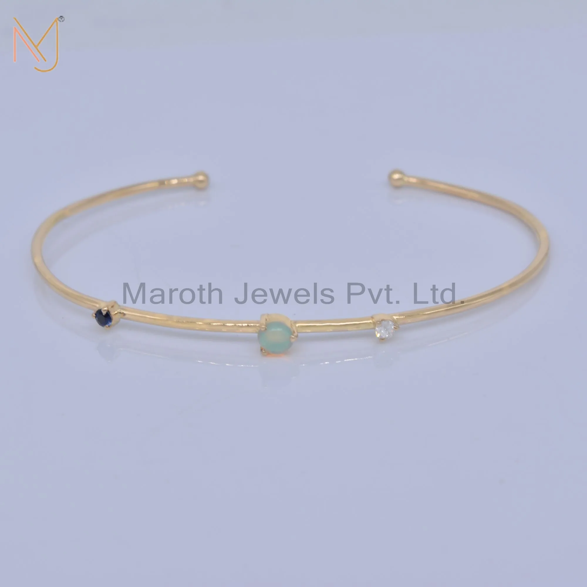 14K Yellow Gold Diamond / Opal & Blue sapphire Cuff Bangle Custom jewelry