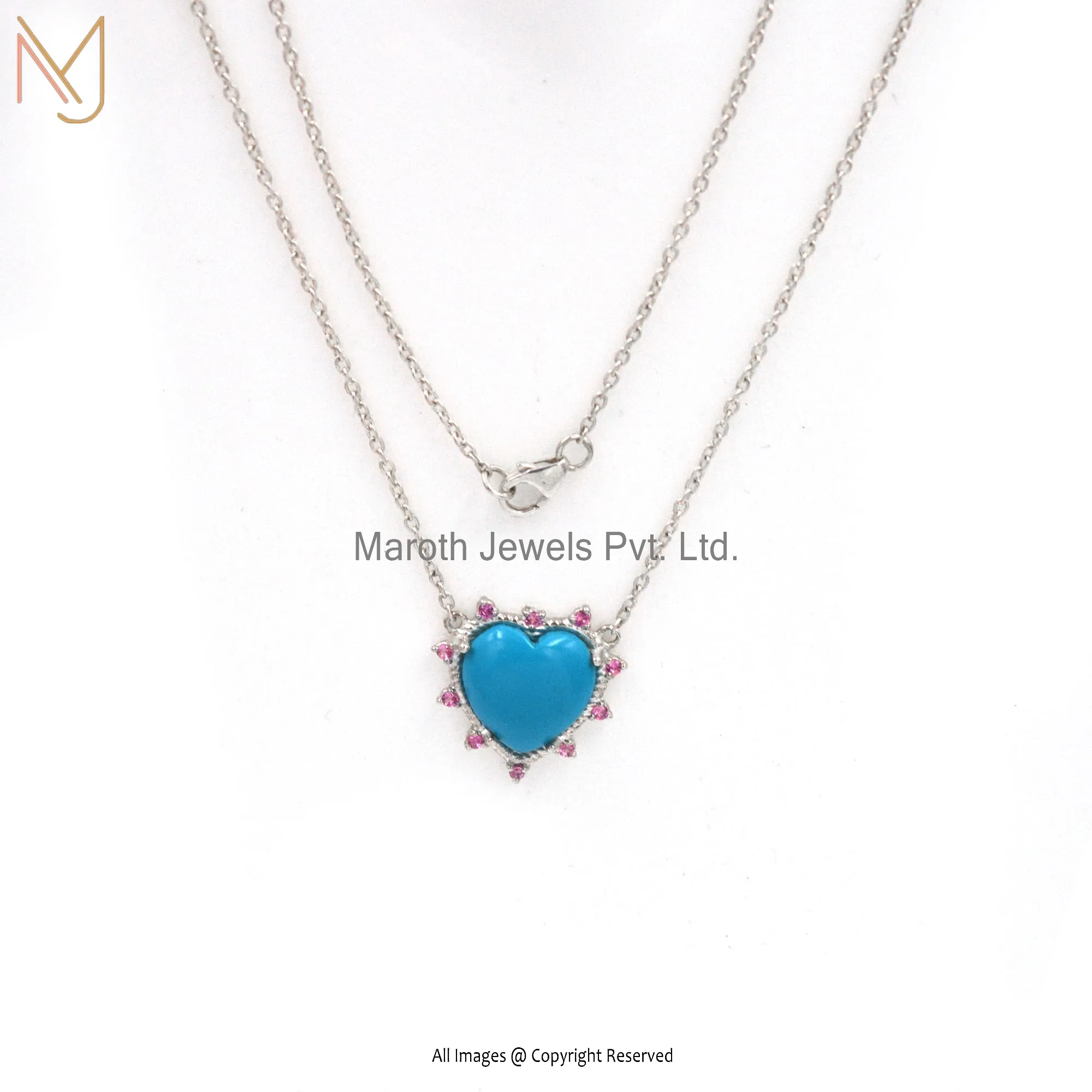 925 Silver Natural Silver Turquoise & Pink Cubic Zircon Heart Pendant Jewelry Supplier