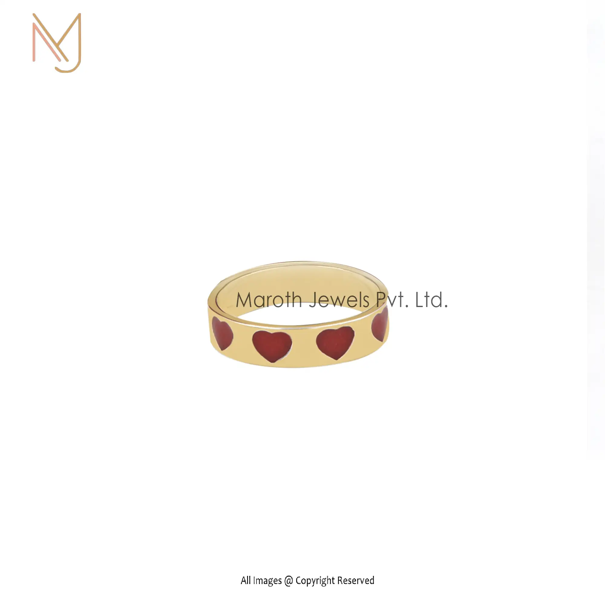 14K Yellow Gold Red Enamel Heart Band Ring Manufacturer