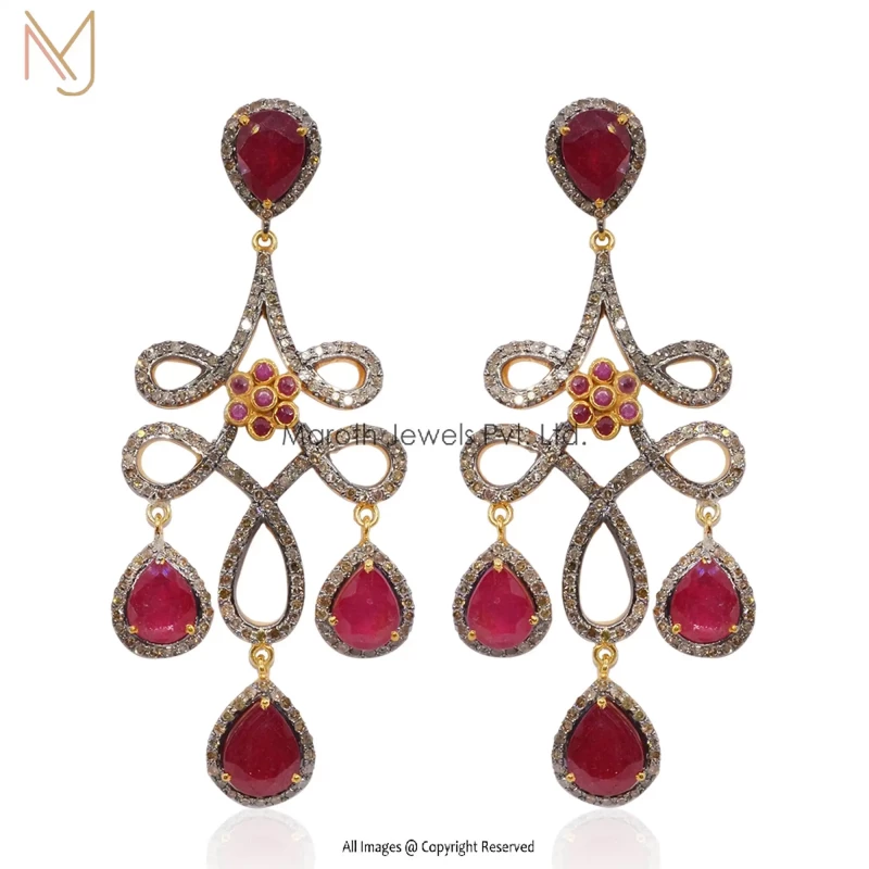 Wholesale 925 Silver Rhodium Yellow Gold Plated Pave Diamond Ruby Gemstone Earrings