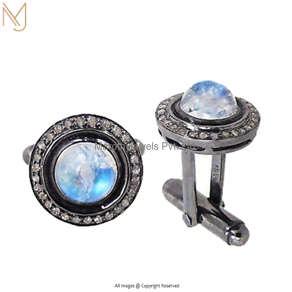 Wholesale  925 Sterling Silver Rainbow Moonstone Studded Diamond Gemstone Cufflinks  Jewelry