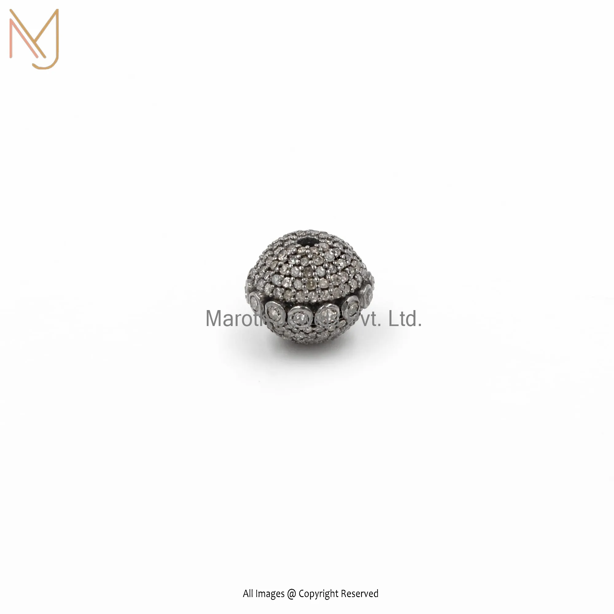 Wholesale 925 Silver Gray Rhodium Plated Pave Diamond Round Beads Finding Jewelry