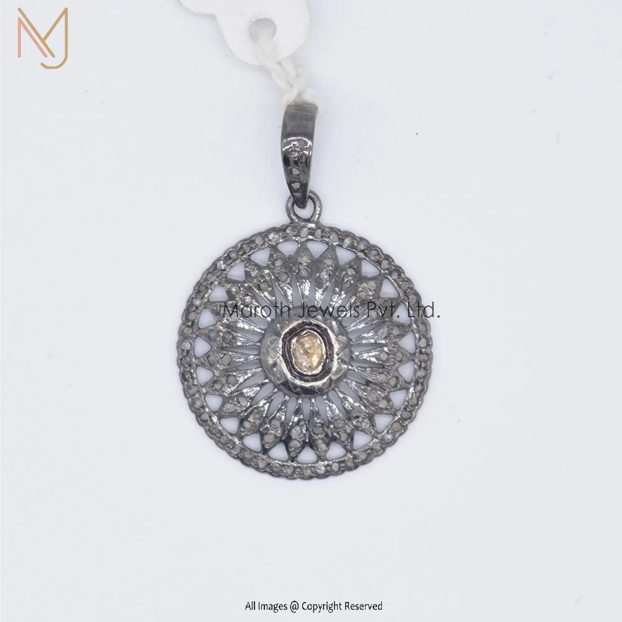 925 Silver Black Rhodium Pave Diamond Rose Cut Round Chakra Pendant Manufacturer