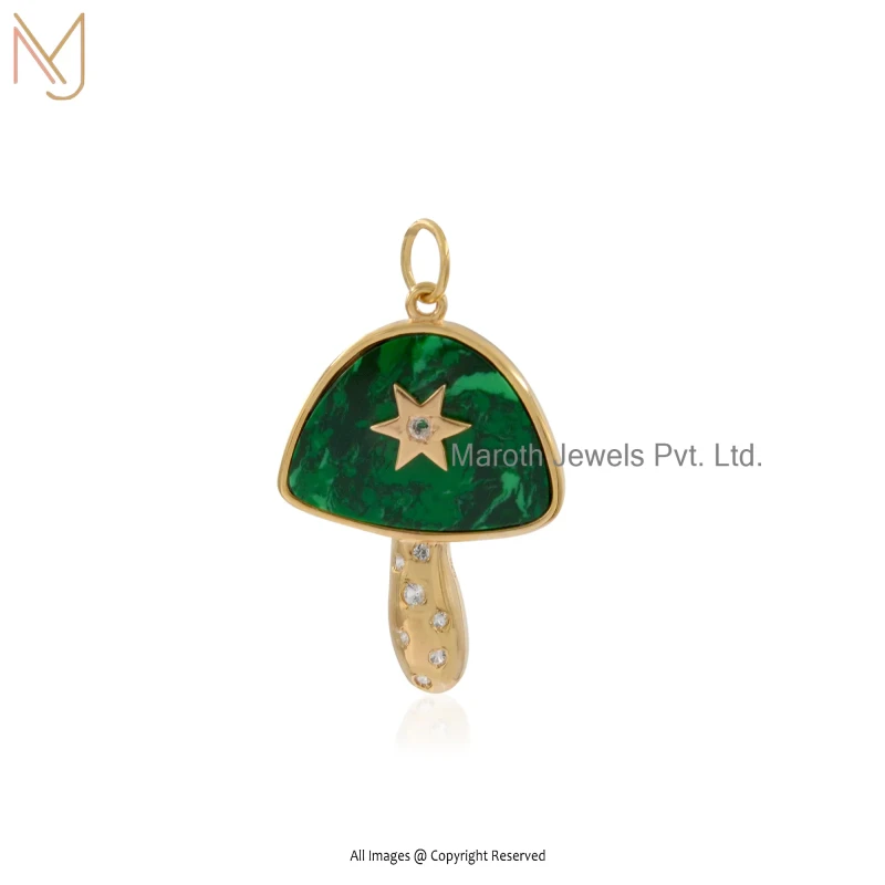 Wholesale 925 Silver Yellow Gold Plated Malachite & White Topaz Mushroom Pendant Jewelry