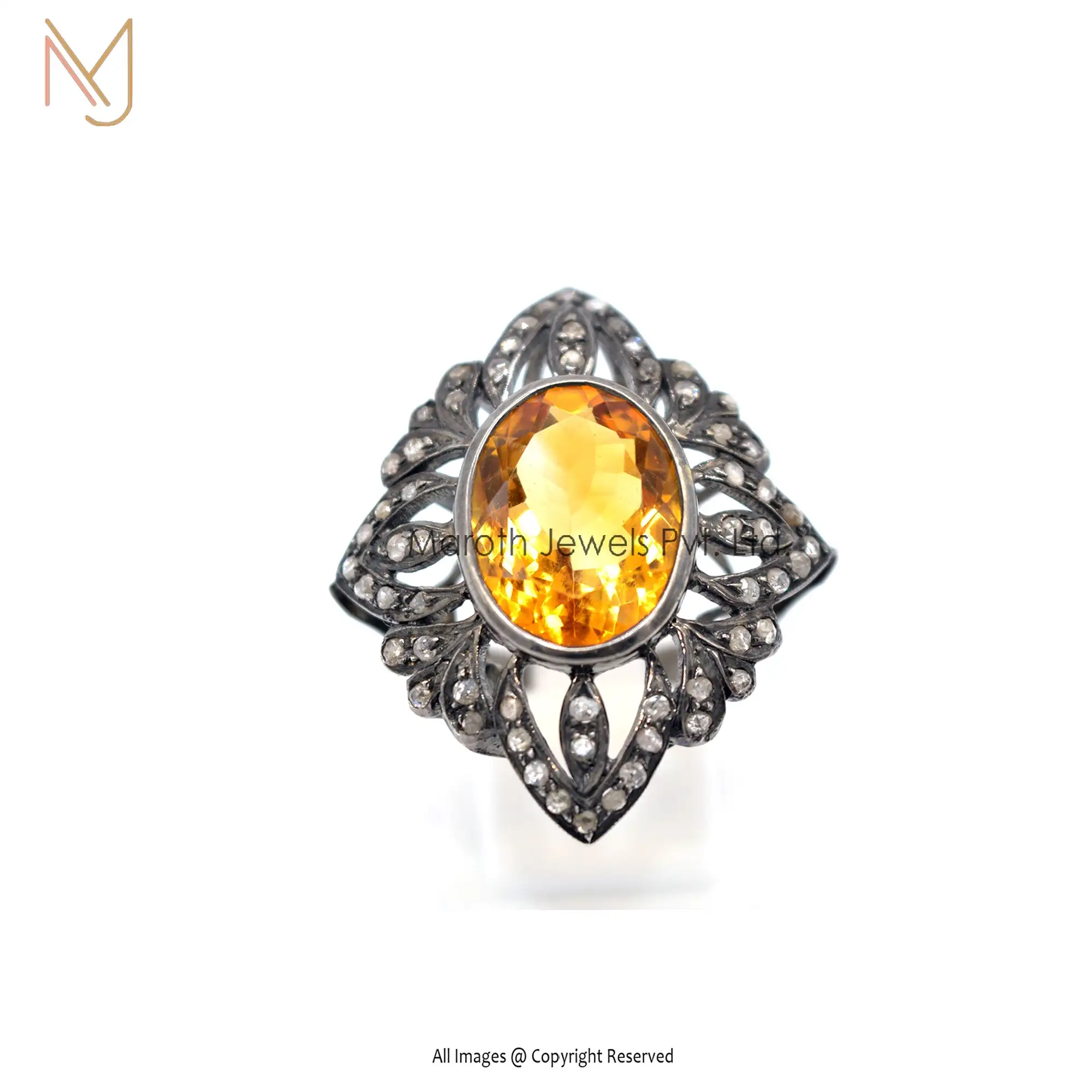 925 Silver Rhodium Pave Diamond Citrine Gemstone Statement Designer Ring Manufacturer