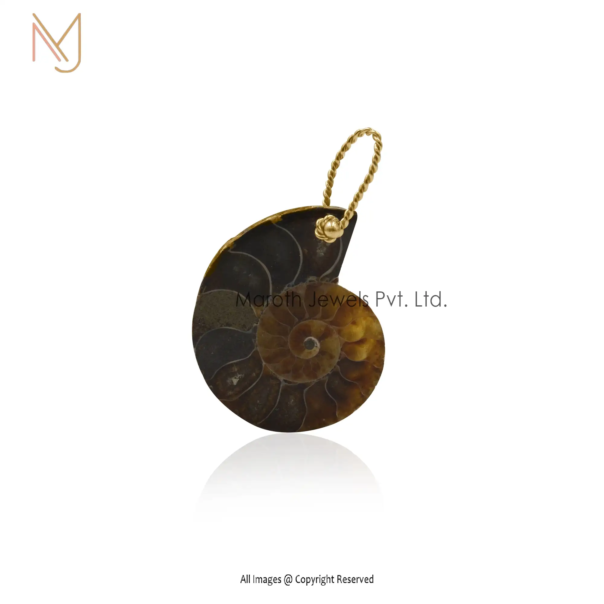 Private Lable 925 Silver Yellow Gold Plated Ammonite & Moisssanite Shell Fossil Stone Pendant