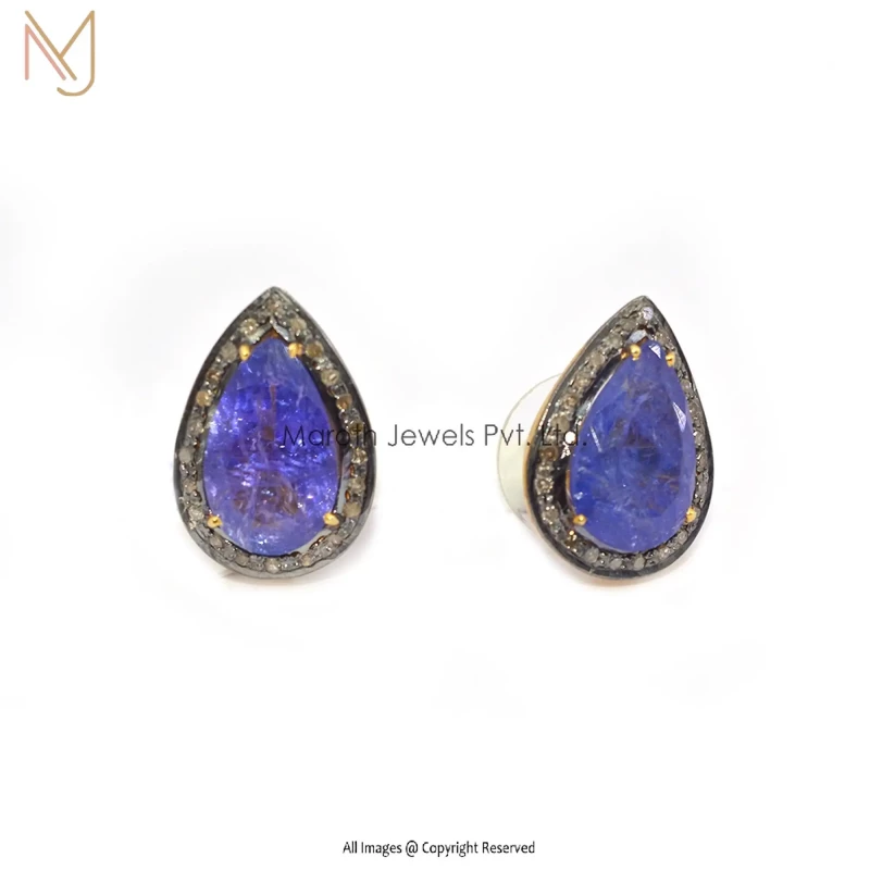 Private Label 925 Silver Pave Diamond Tanzanite Gemstone Drop Studs Earrings Jewelry