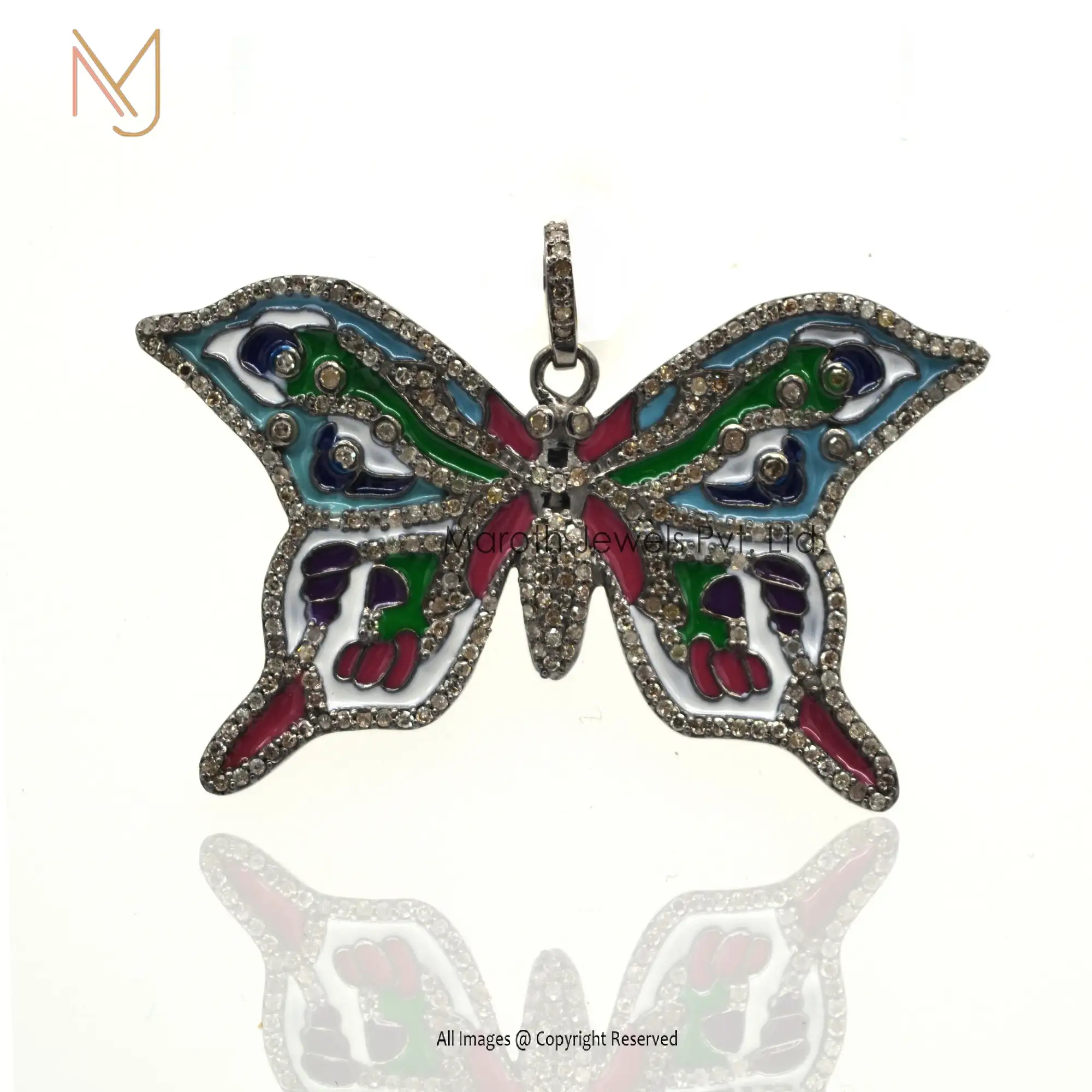 925 Silver RH Pave Diamond Multi Color Enamel Butterfly Pendant Jewelry Supplier