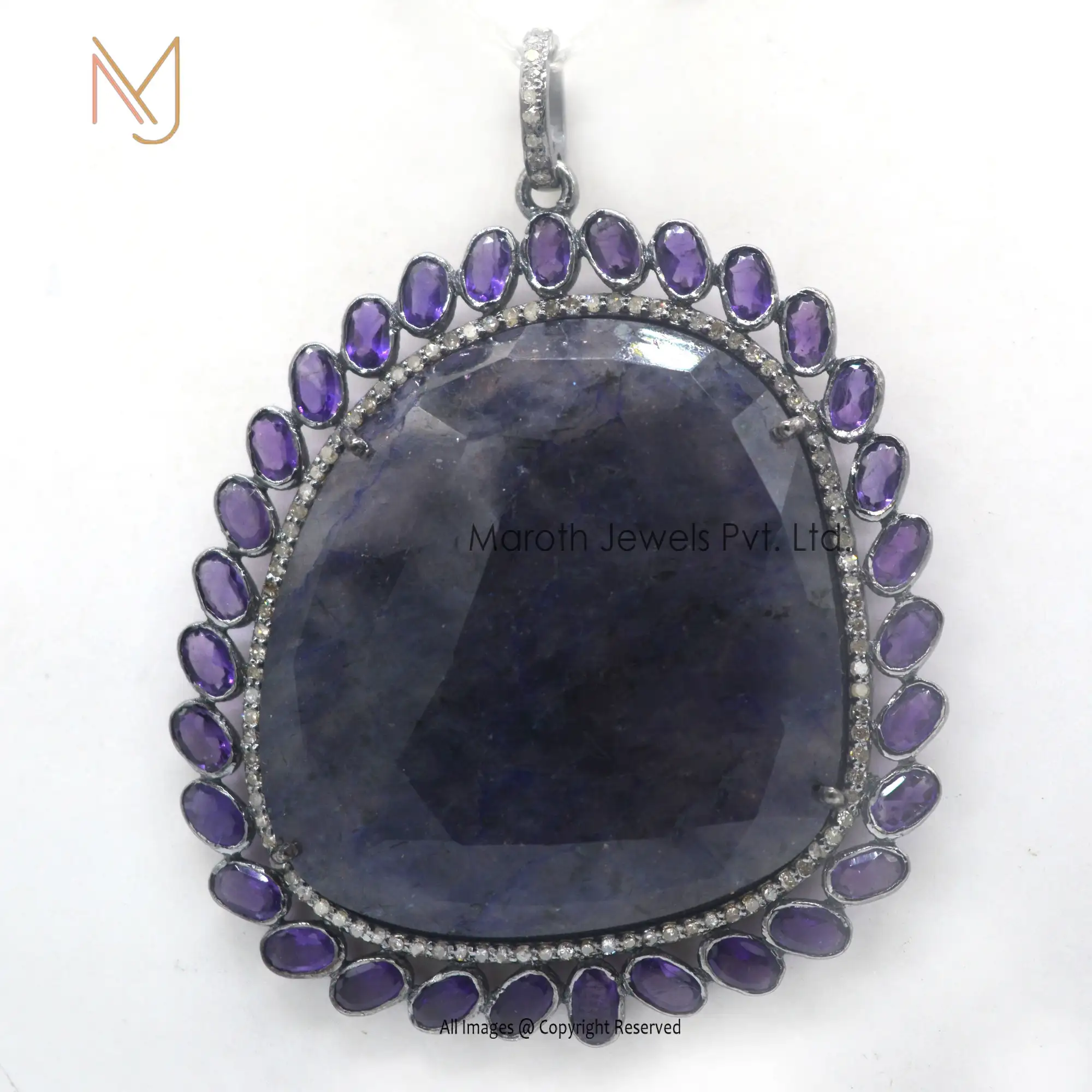 925 Sterling Silver Rhodium Pave Diamond Amethyst Gemstone Shell Pendant Manufacturer