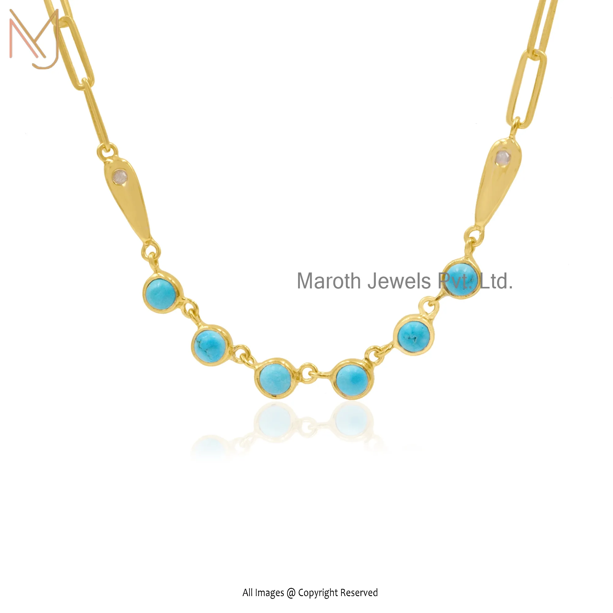 14K Yellow Gold Turquoise Diamond Gemstone Chain Necklace Custom Jewelry