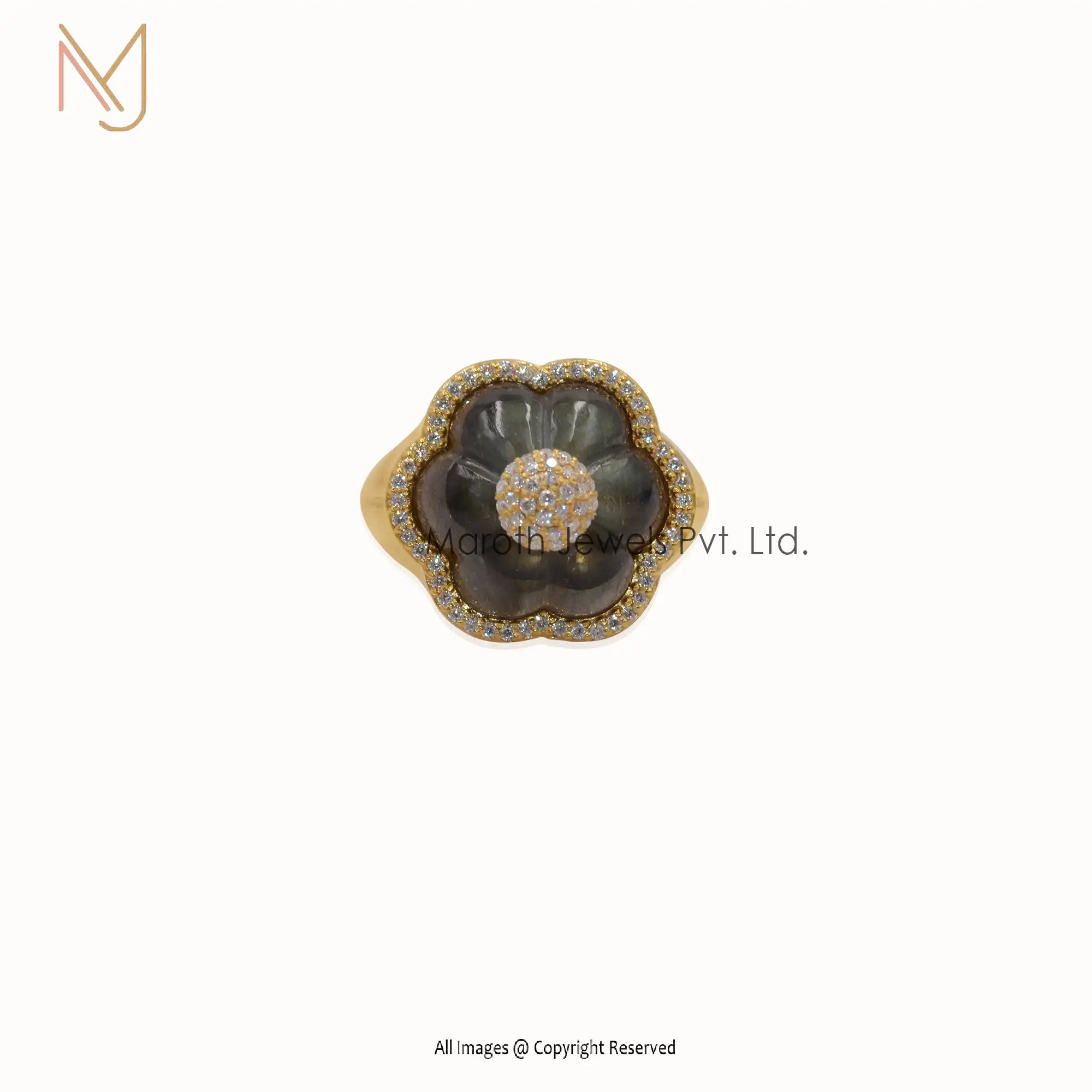 925 Silver Yellow Gold Labradorite & Moissanite Flower Ring Manufacturer