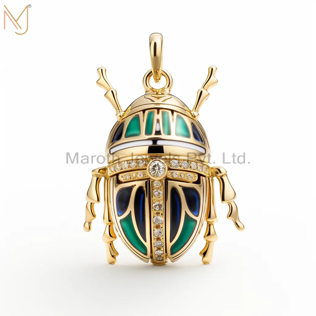 925 Sterling Silver Yellow Gold Moissanite Enamel Scarabs Beetle Charm Pendant Manufacturer