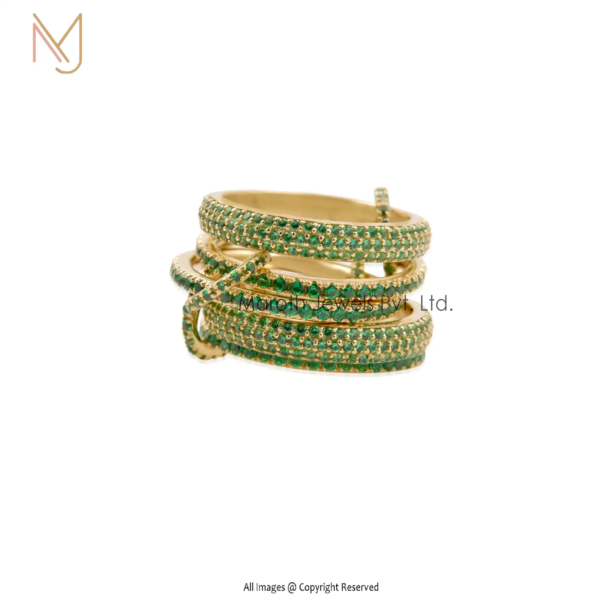 Private Label 14k Gold Emerald Diamond Band Connected Ring