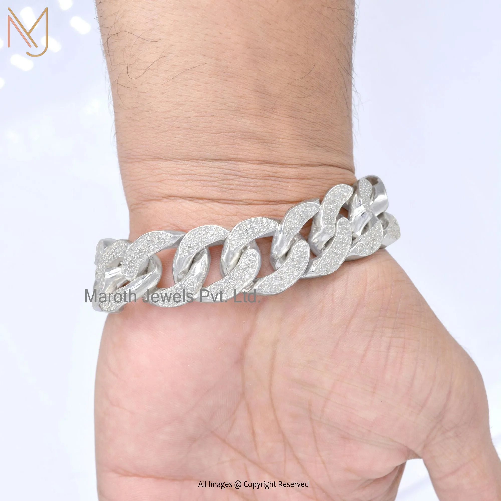 925 Sterling Silver Natural Silver Cubic Zircon Curb Man's Chain Bracelet Jewelry USA