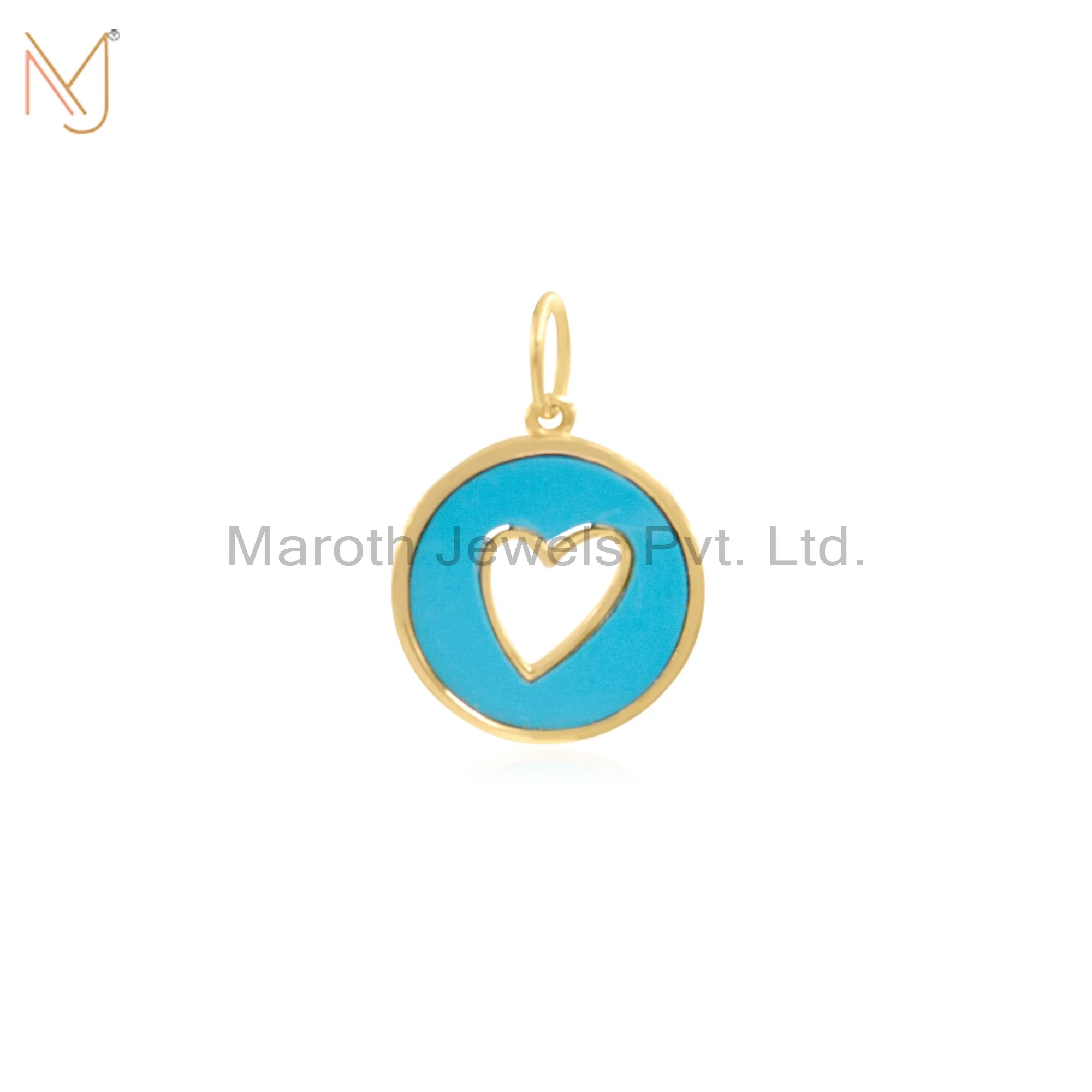 925 Silver Yellow Gold Plated Turquoise Open Heart Disc Pendant Jewelry Supplier