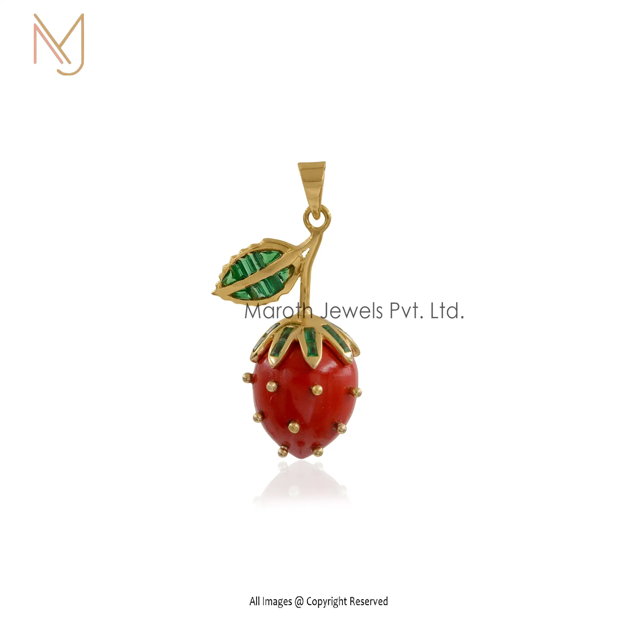 925 Silver Natural Silver Red Coral CZ Baguettes & Green CZ Strawberry Pendant Jewelry Supplier