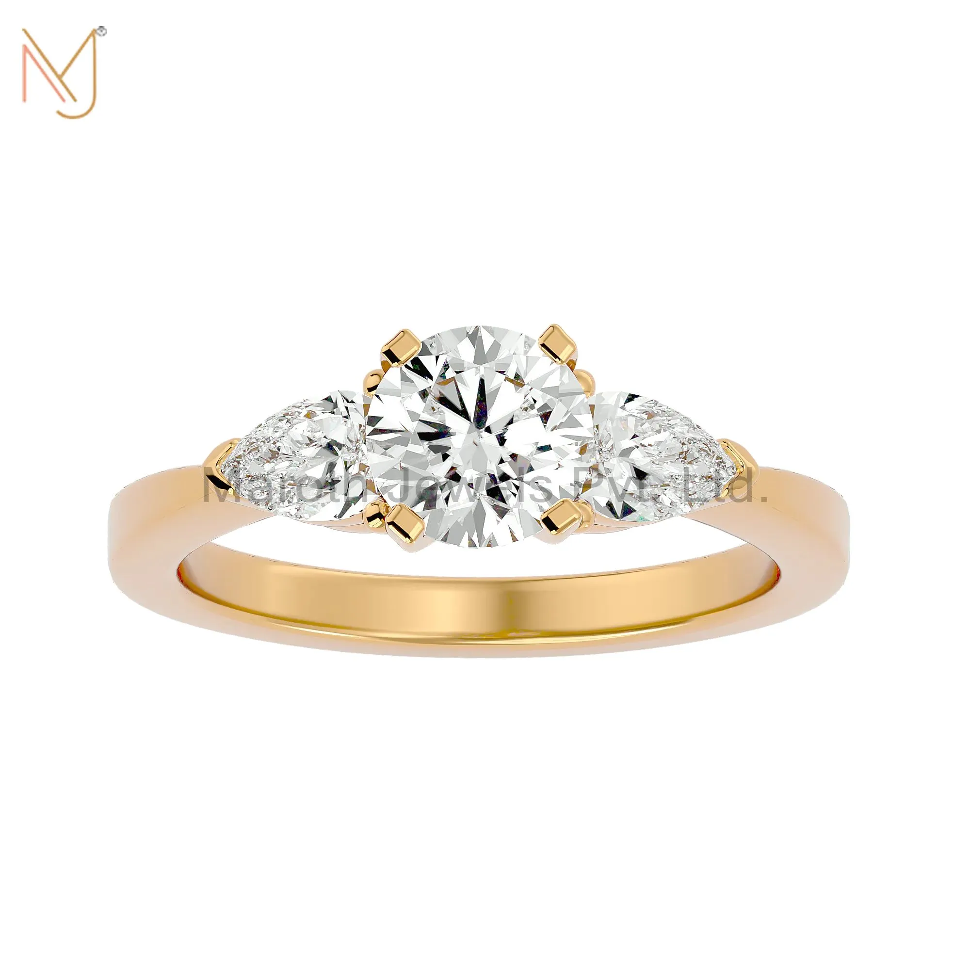 Private Label 925 Silver Yellow Gold Moissanite Diamond Round Pear Ring