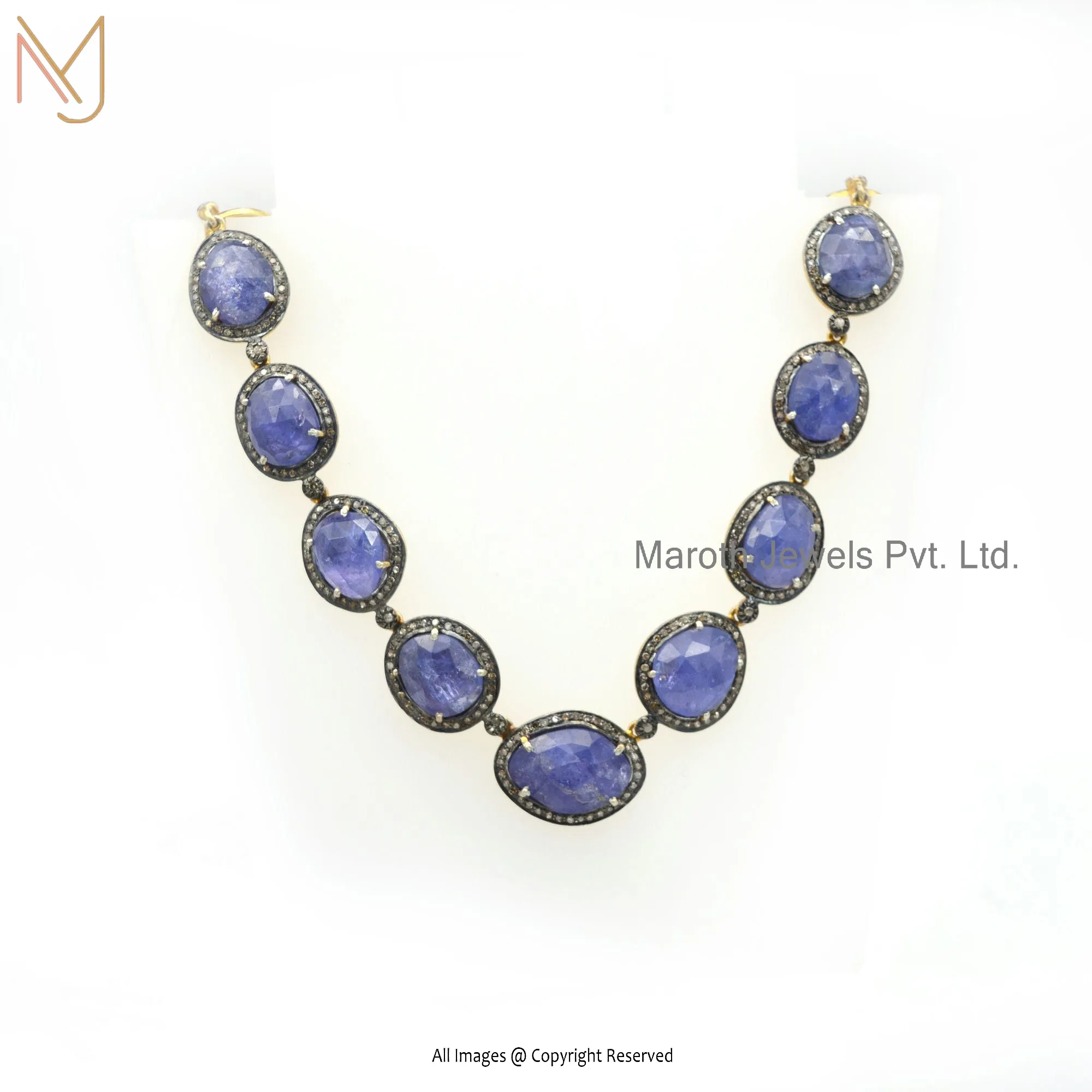 925 Silver Black Rhodium Plated Pave Diamond And Tanzanite Gemstone Link Necklace Silver Jewelry Manufacturer