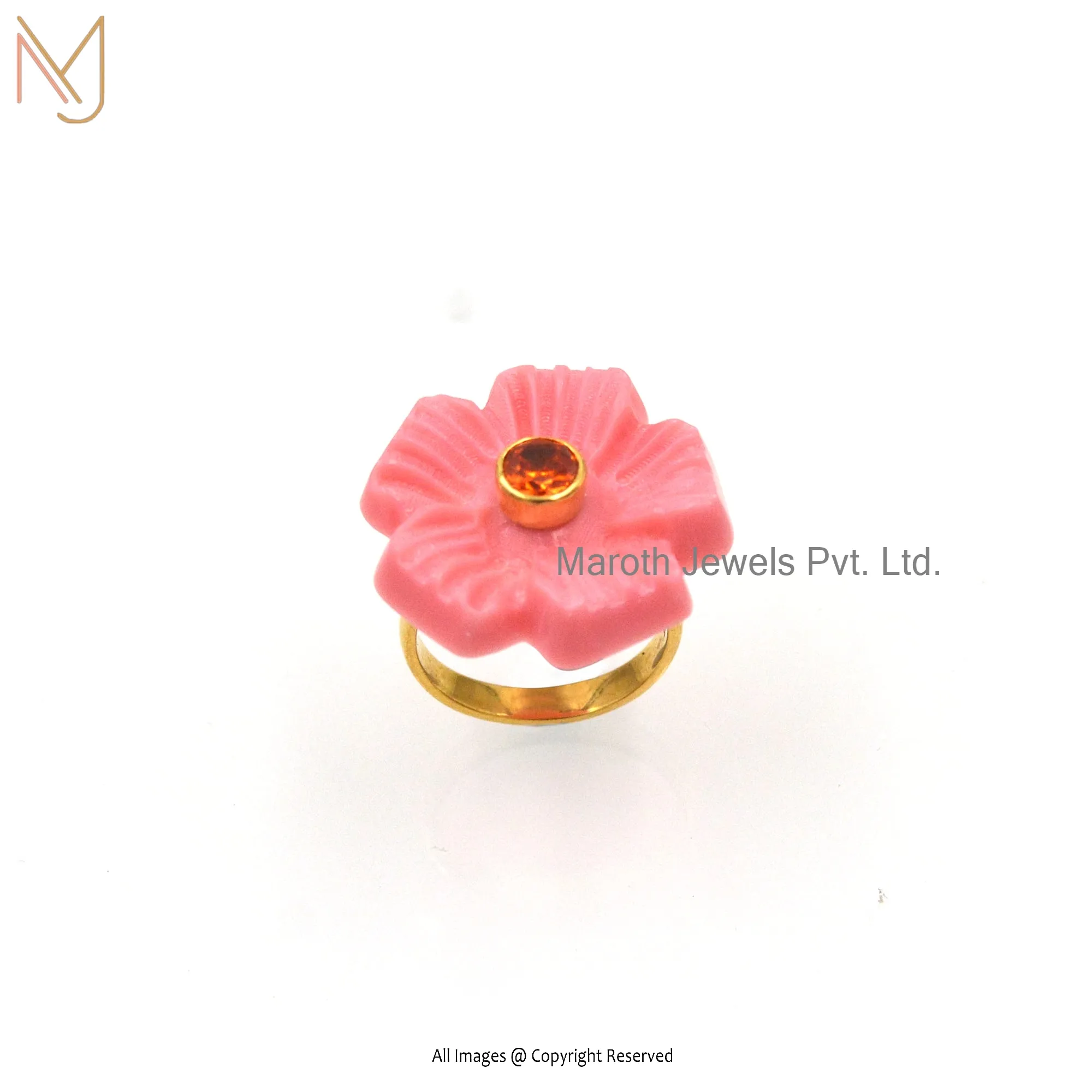 Wholesale 925 silver Yellow Gold Pink Onyx Pink Opal Cubic Zircon Flower Ring