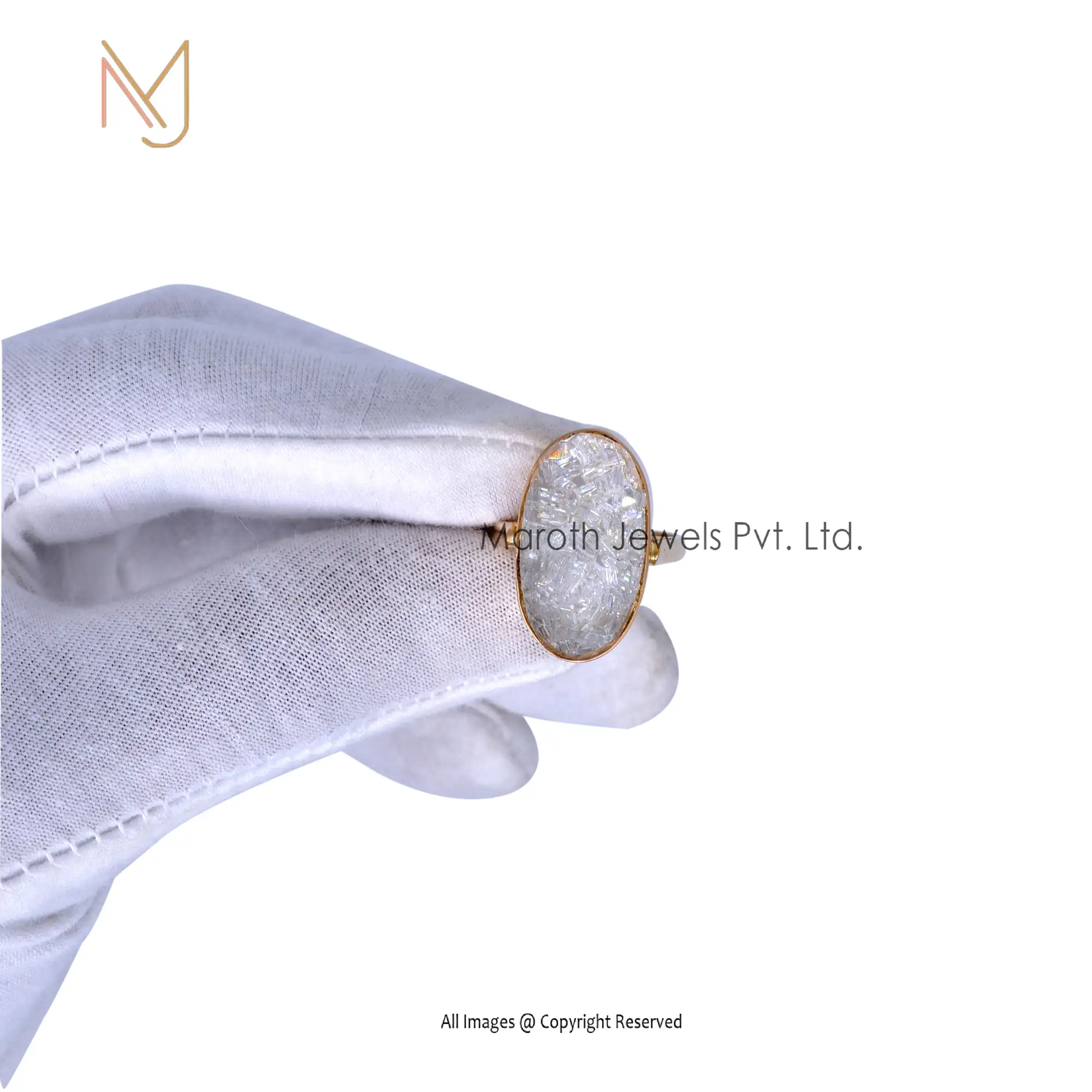 925 Silver Yellow Gold Crystal Quartz With Diamond Baguettes Shaker Ring Manufacturer