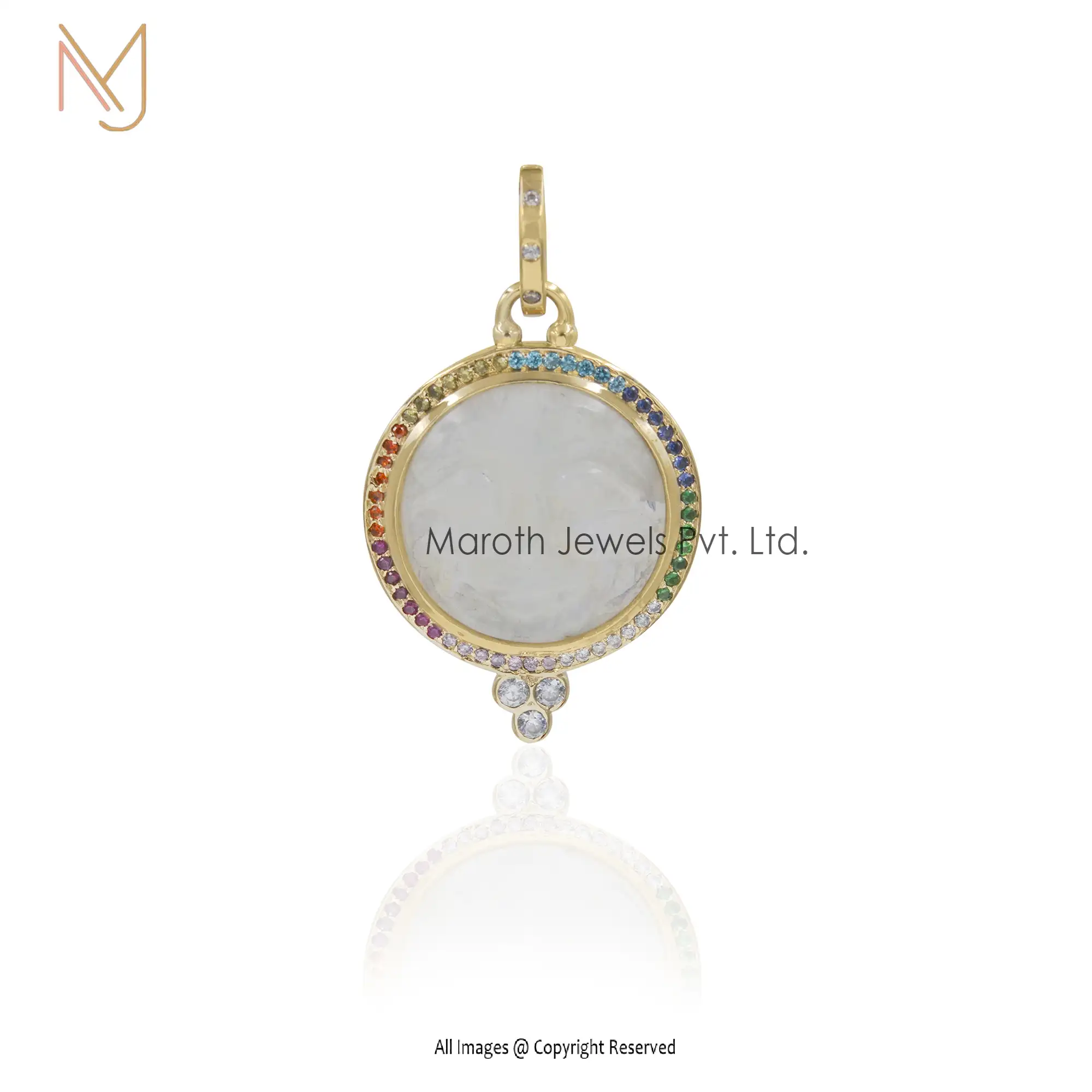 925 Silver Yellow Gold Rainbow Moonstone & Multi Gemstone CZ Face Pendant Jewelry USA