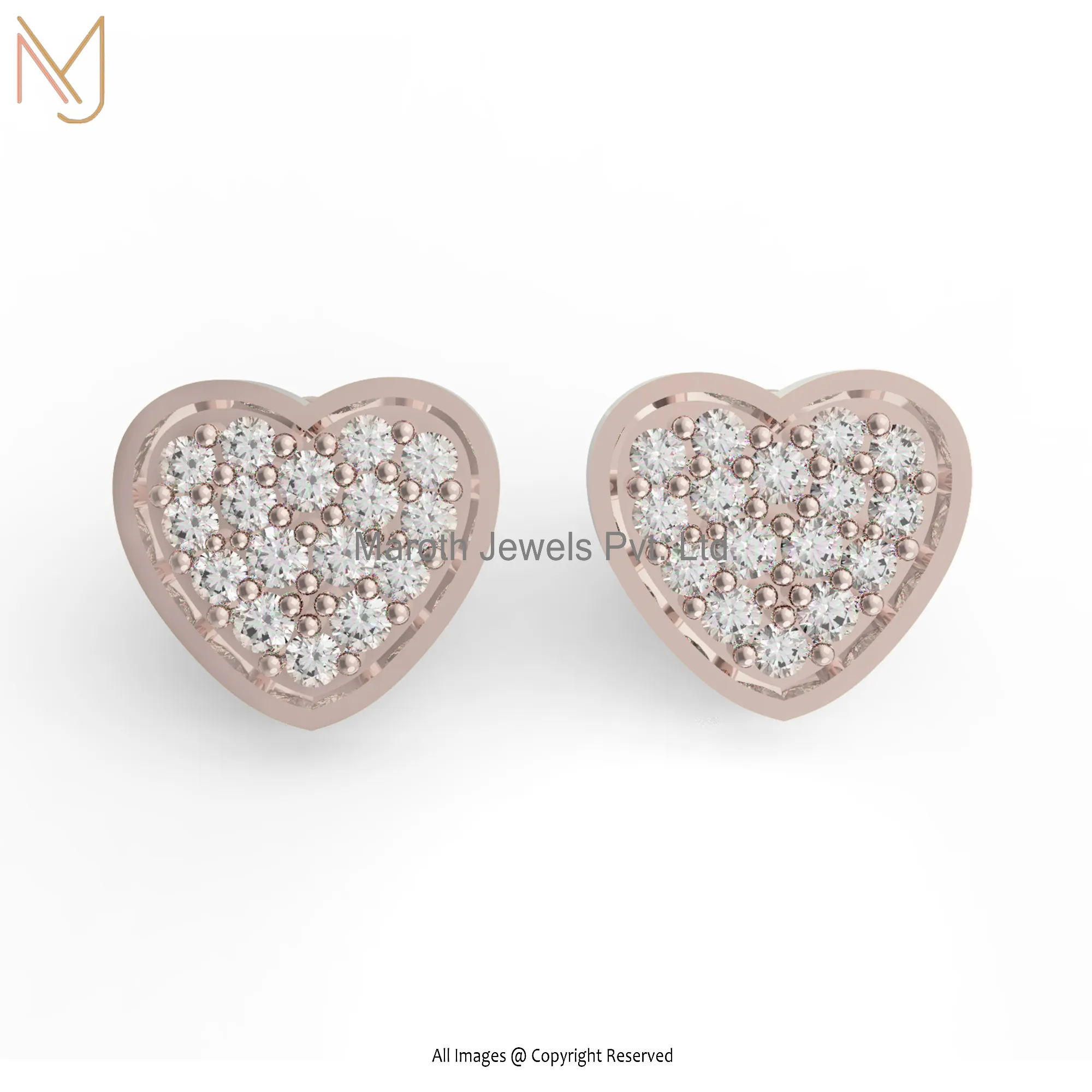 14K Rose Gold Pave Diamond Heart Stylish Studs Earring Woman's Jewelry Manufacturer