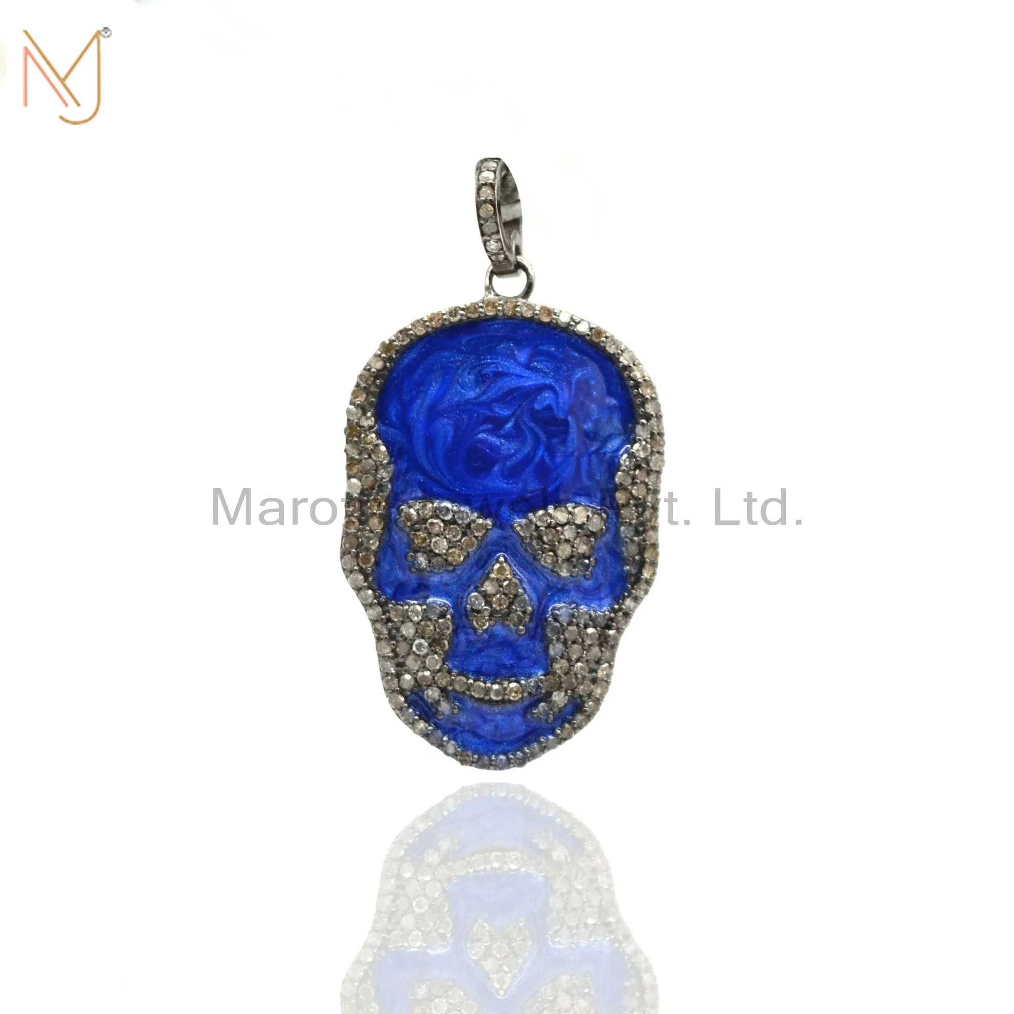 Wholesale 925 Sterling Silver Rhodium Pave Diamond Blue Enamel Skull Design Pendant Jewelry