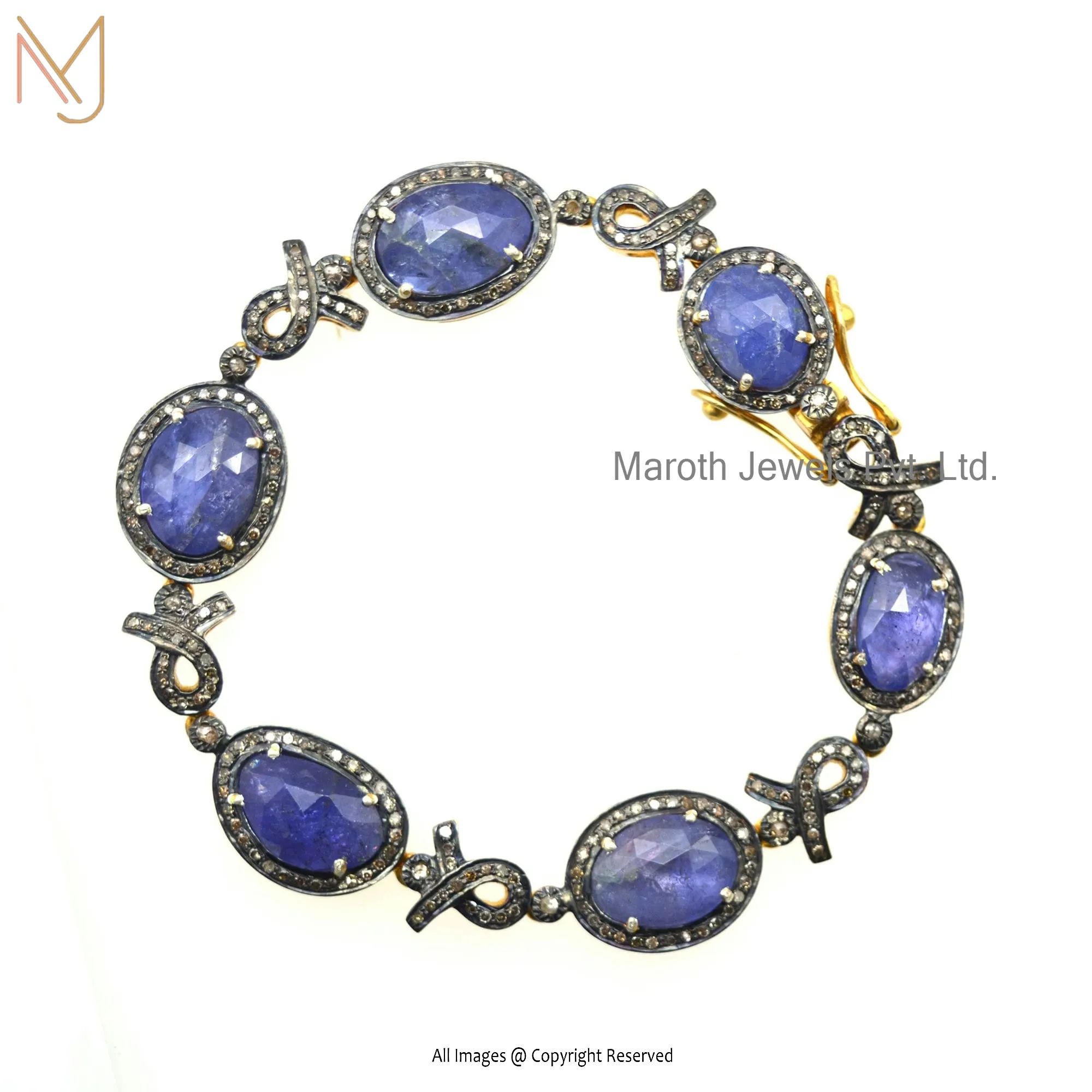 925 Silver Yellow Gold Rhodium Pave Diamond Tanzanite Gemstone Bracelet Jewelry Supplier