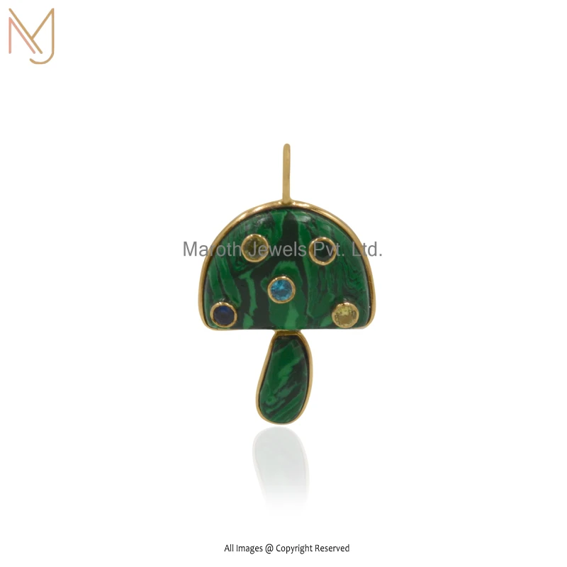 14K Yellow Gold Malachite & Multi Gemstone Mushroom Pendant Manufacturer