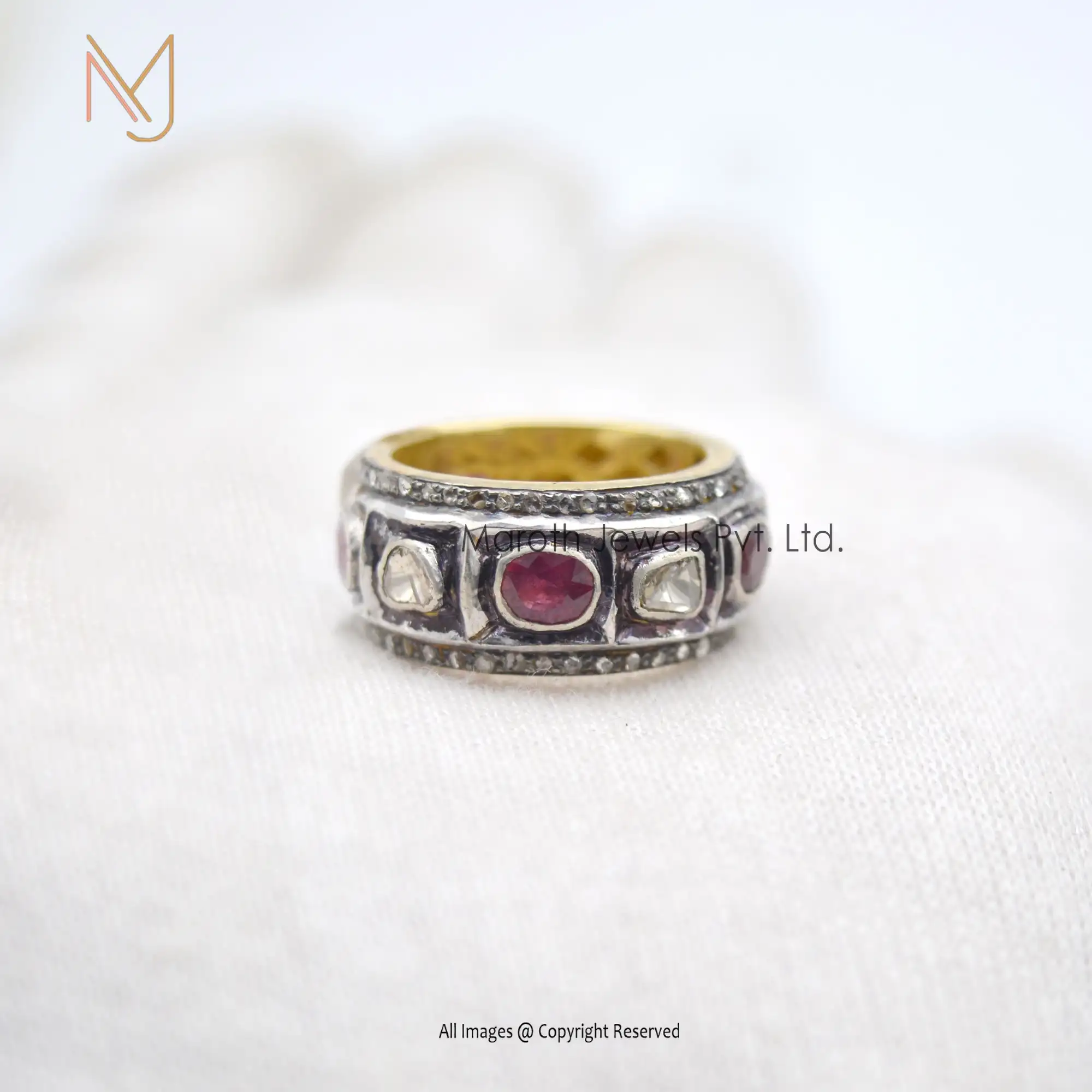 925 Silver Rhodium Yellow Gold Diamond Rose Cut And Ruby Gemstone Round Band Ring Jewelry Manufacturer