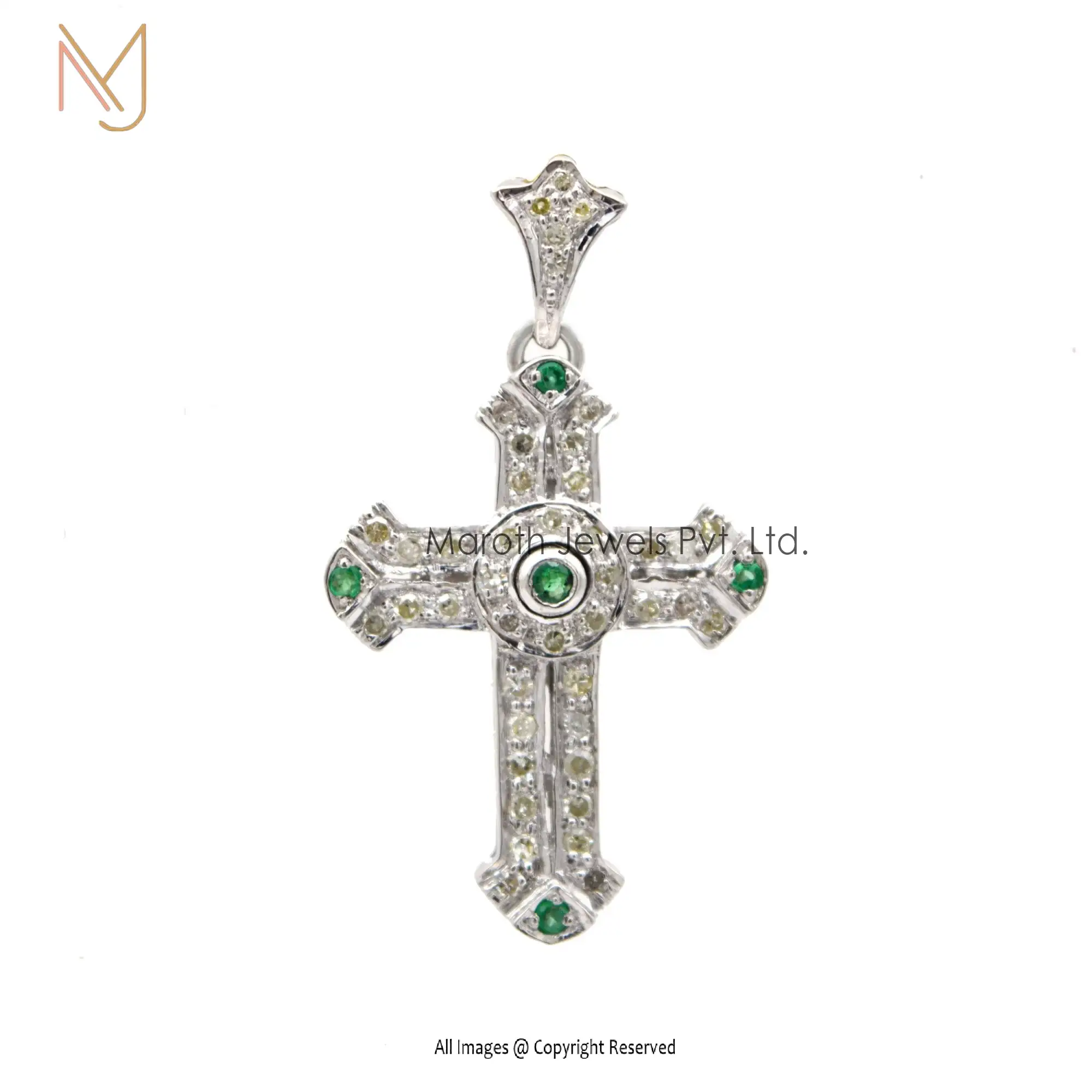 925 Silver White Gold Plated Pave Diamond And Emerald Cross Pendant Jewelry USA