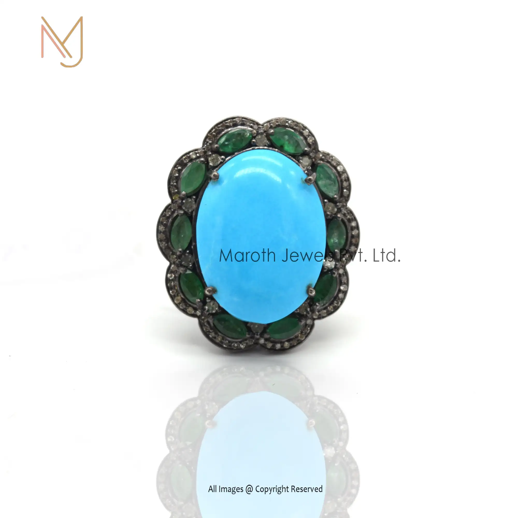 925 Silver Rhodium Plated Pave Diamond Emerald & Turquoise Gemstone Designer Ring Manufacturer