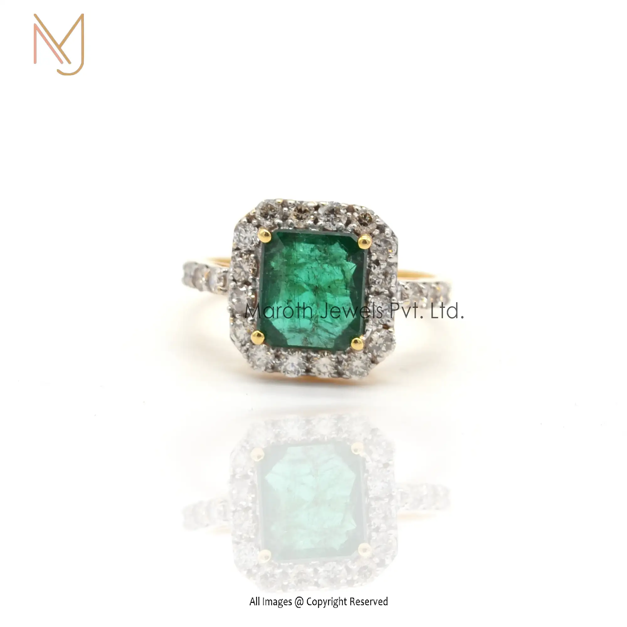 925 Silver Yellow Gold Pave Diamond Emerald Gemstone Ring Jewelry Manufacturer