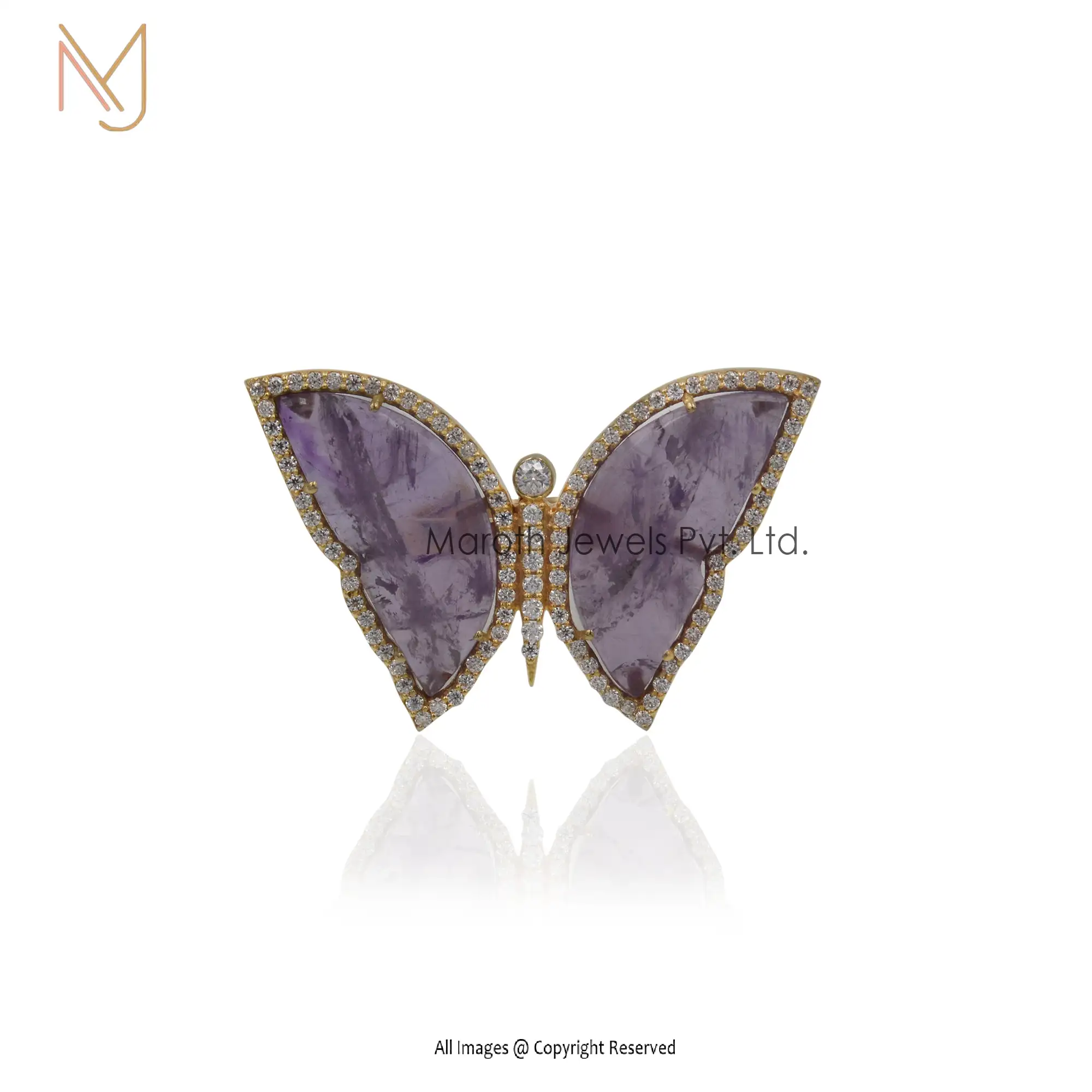 925 Silver Yellow Gold Plated Amethyst And Moissanite Butterfly Ring Manufacturer