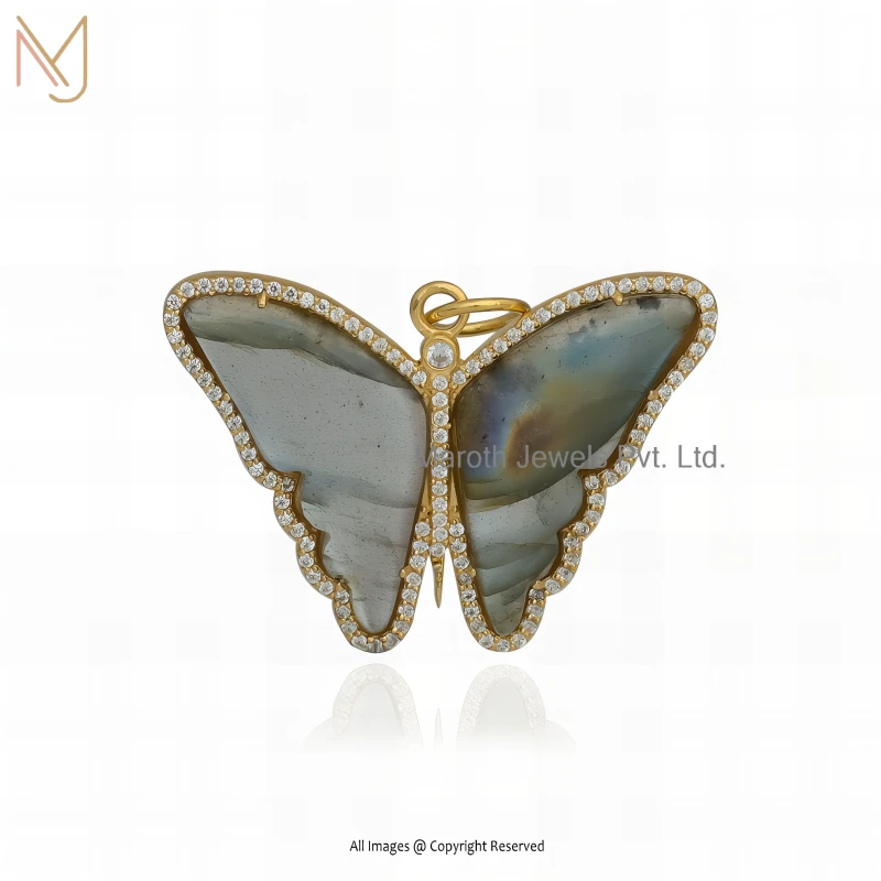 14K Yellow Gold Labradorite And Moissanite Gemstone Butterfly Pendant USA