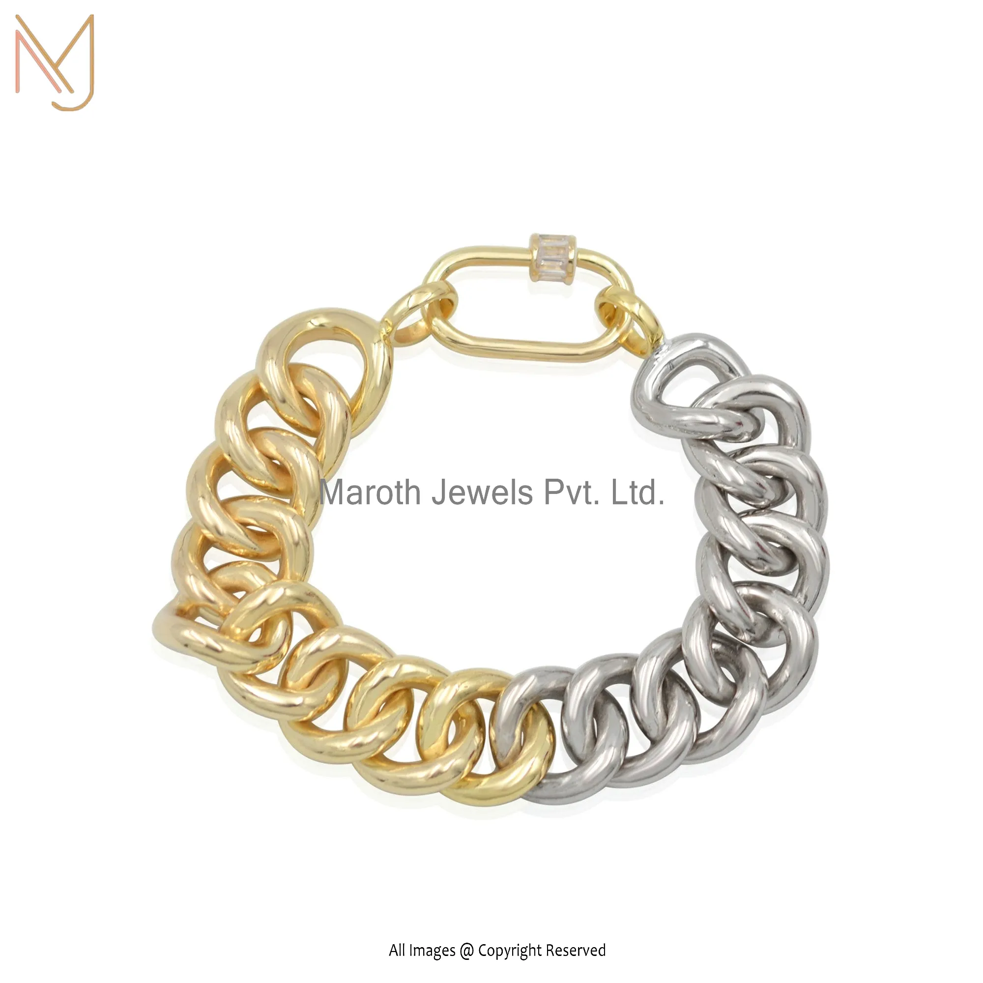 925 Silver White Gold & Yellow Gold Curb Chains Link Bracelet Jewelry Supplier