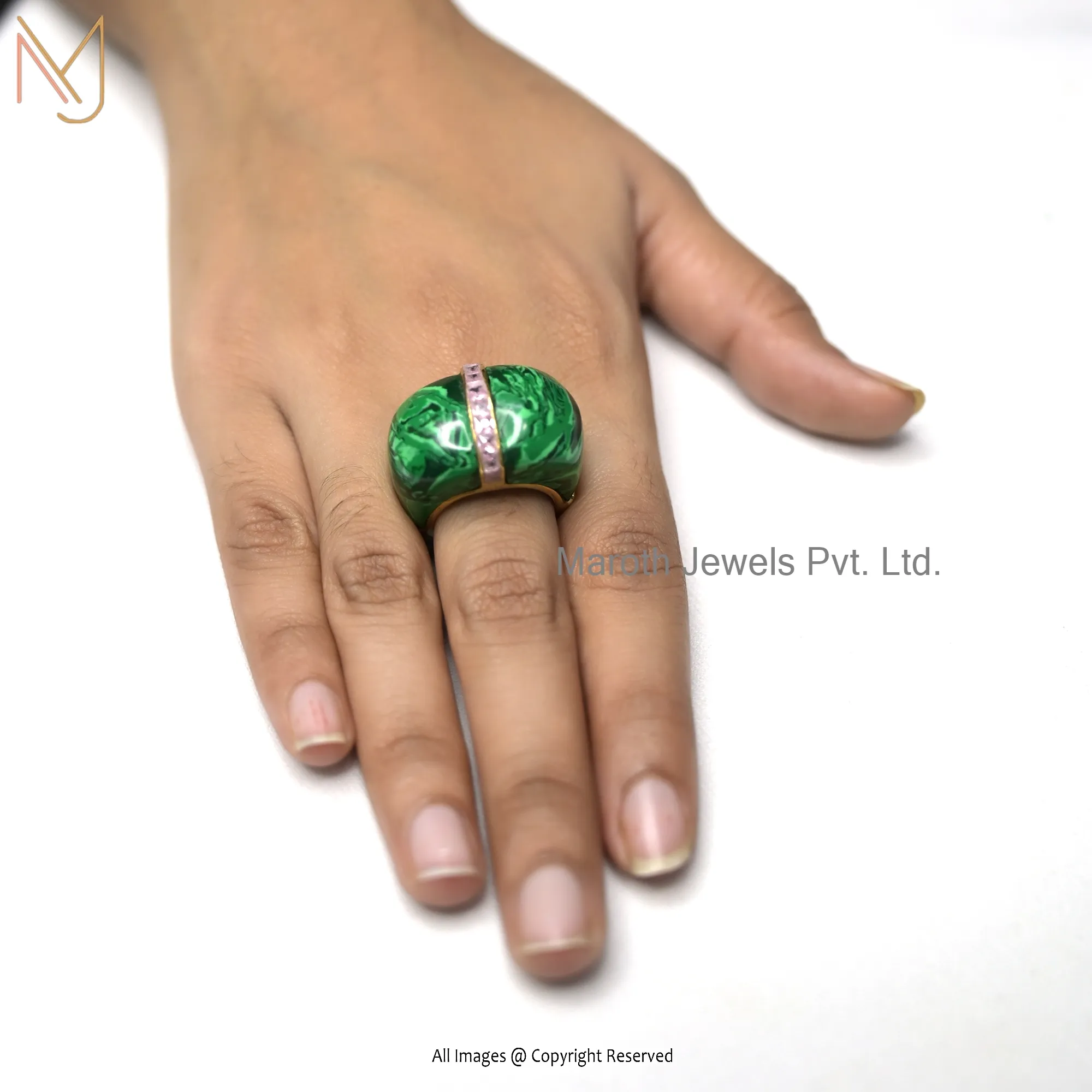 925 Silver Yellow Gold Malachite & Pink Cubic Zircoins Dome Ring Manufacturer