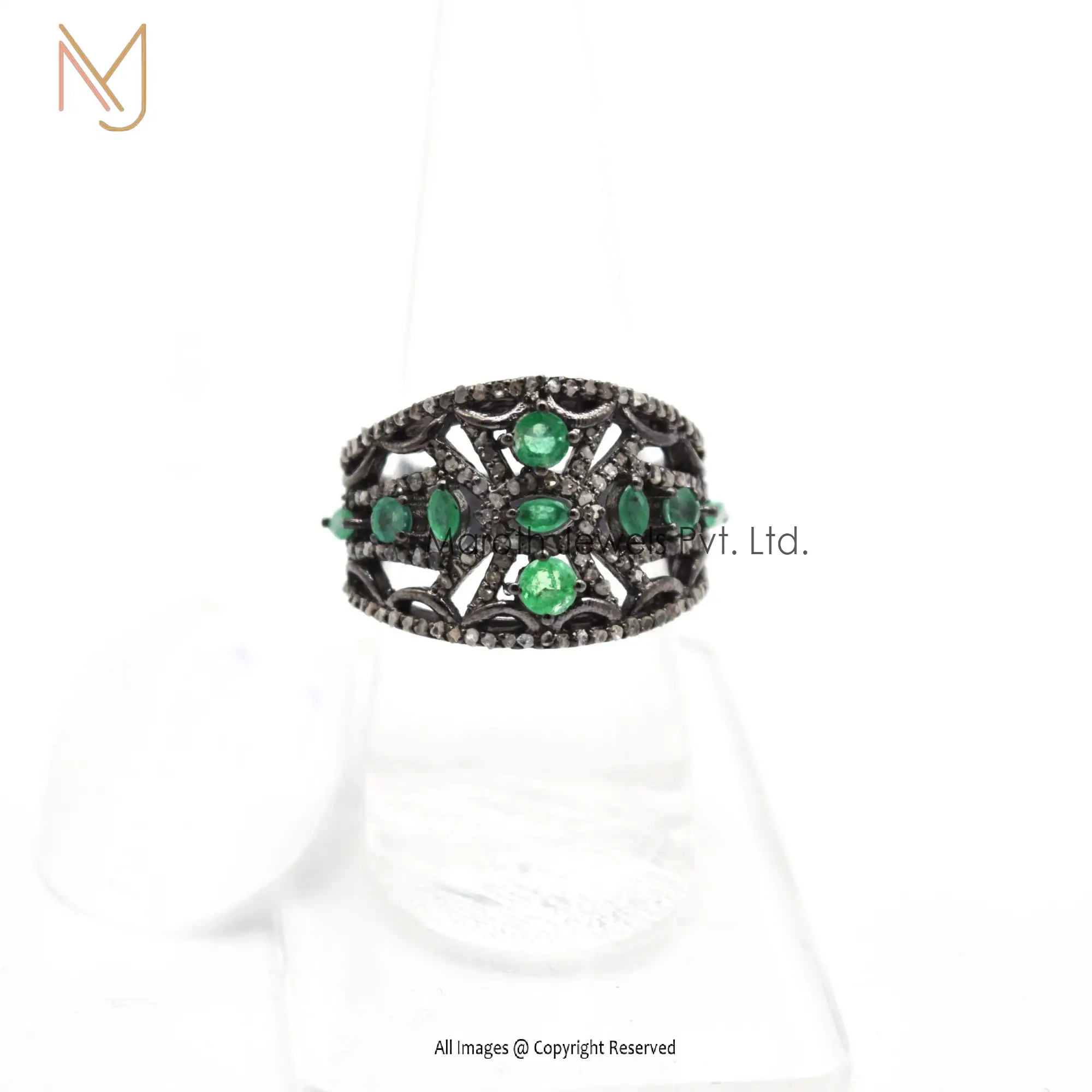 925 Silver Rhodium Plated Pave Diamond Green Emerald Gemstone Ring Manufacturer