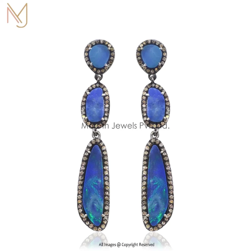 Wholesale 92.5 Sterling Silver Rhodium Plated Blue Opal Gemstone Drop Earings