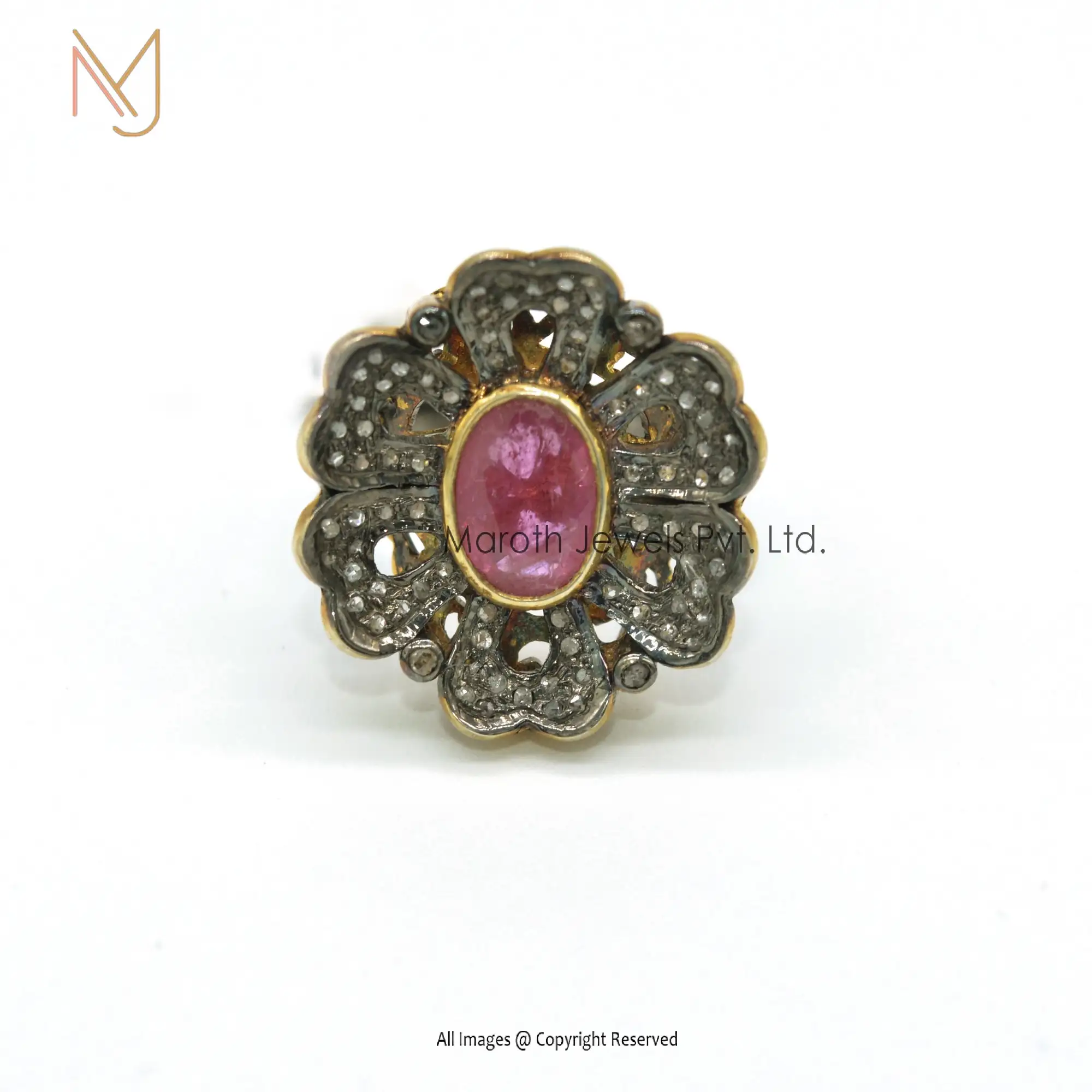 925 Silver Rhodium Yellow Gold Pave Diamond Ruby Gemstone Flower Ring Manufacturer